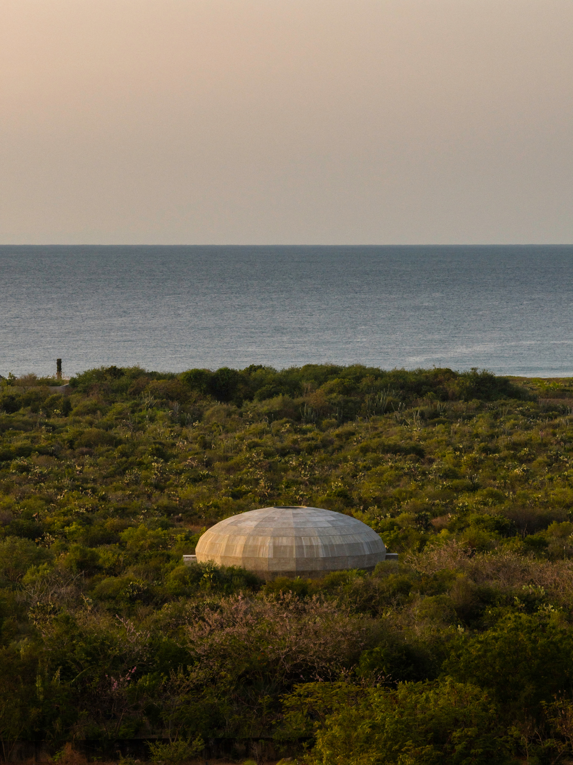 Low dome clad in horizontal timber slats nestled in coastal vegetation with ocean horizon beyond