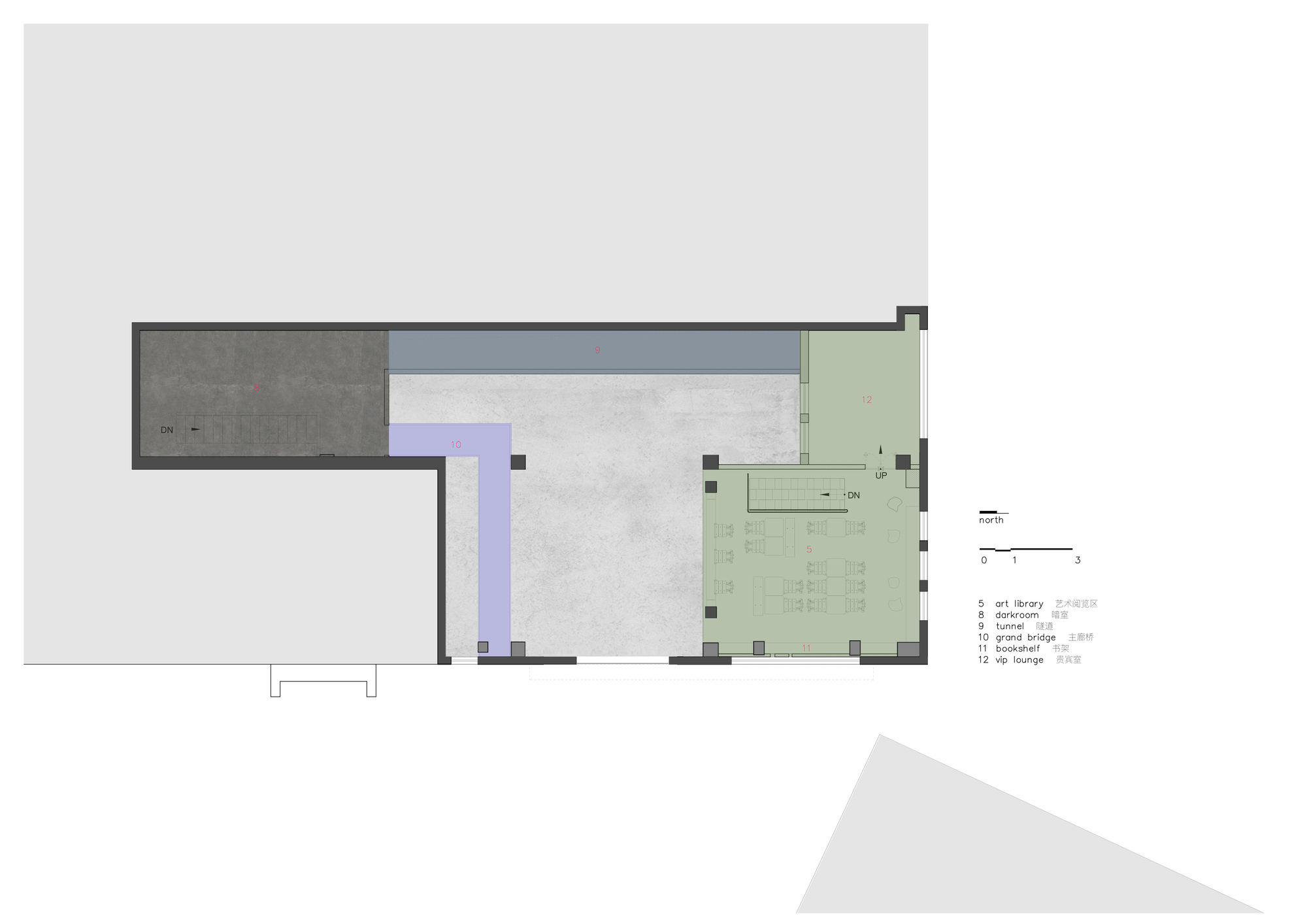 Floor plan with color-coded program areas including lounge and gallery spaces in L-shaped configuration