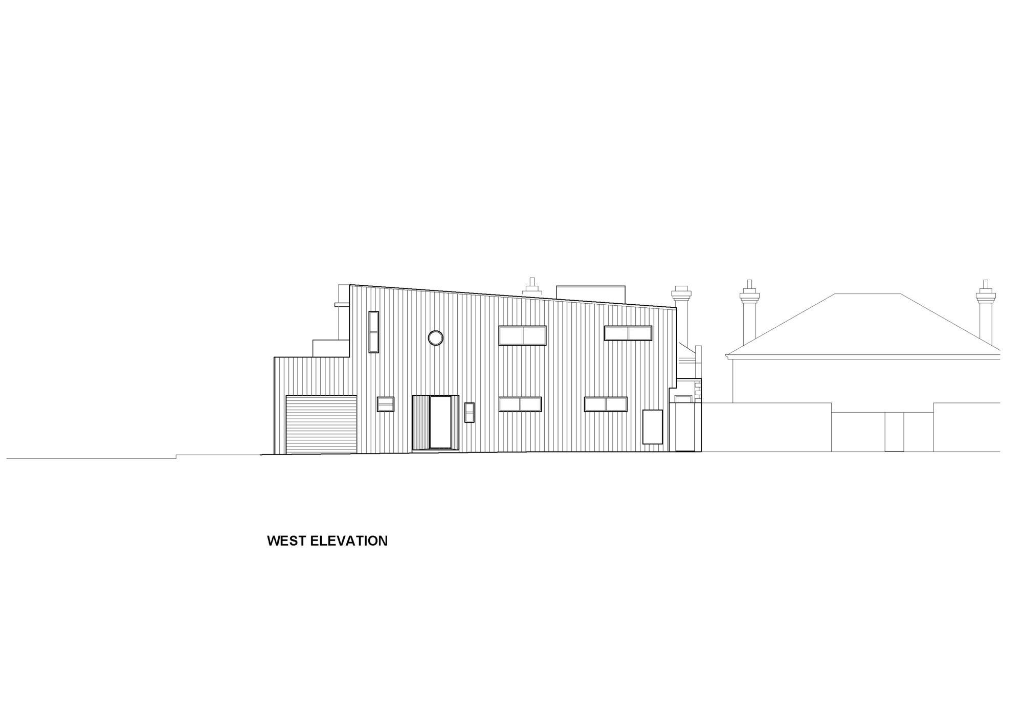 West elevation drawing showing vertical cladding and punched windows alongside an existing pitched-roof structure