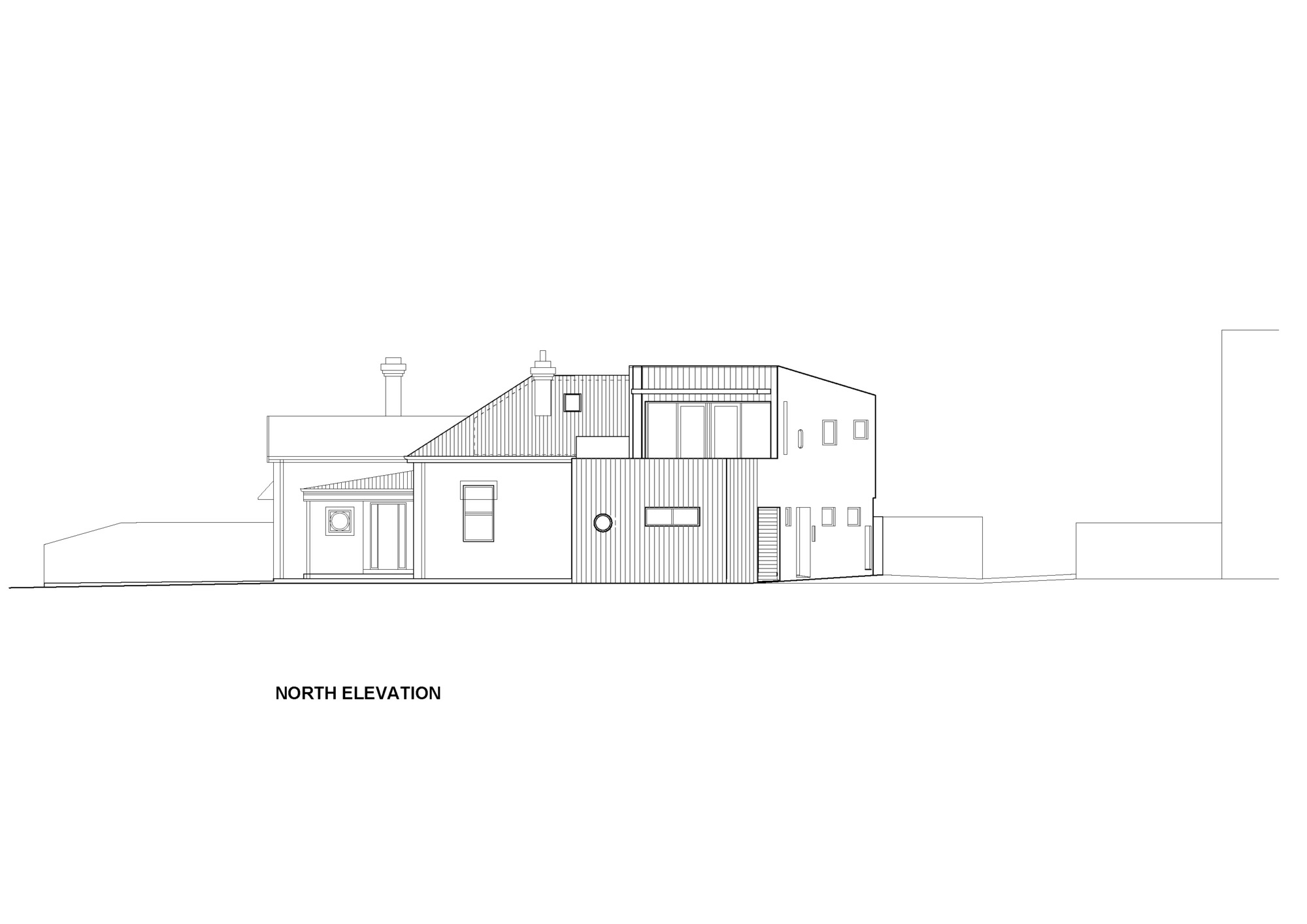 North elevation drawing depicting varied volumes with vertical siding, masonry sections, and multiple window openings