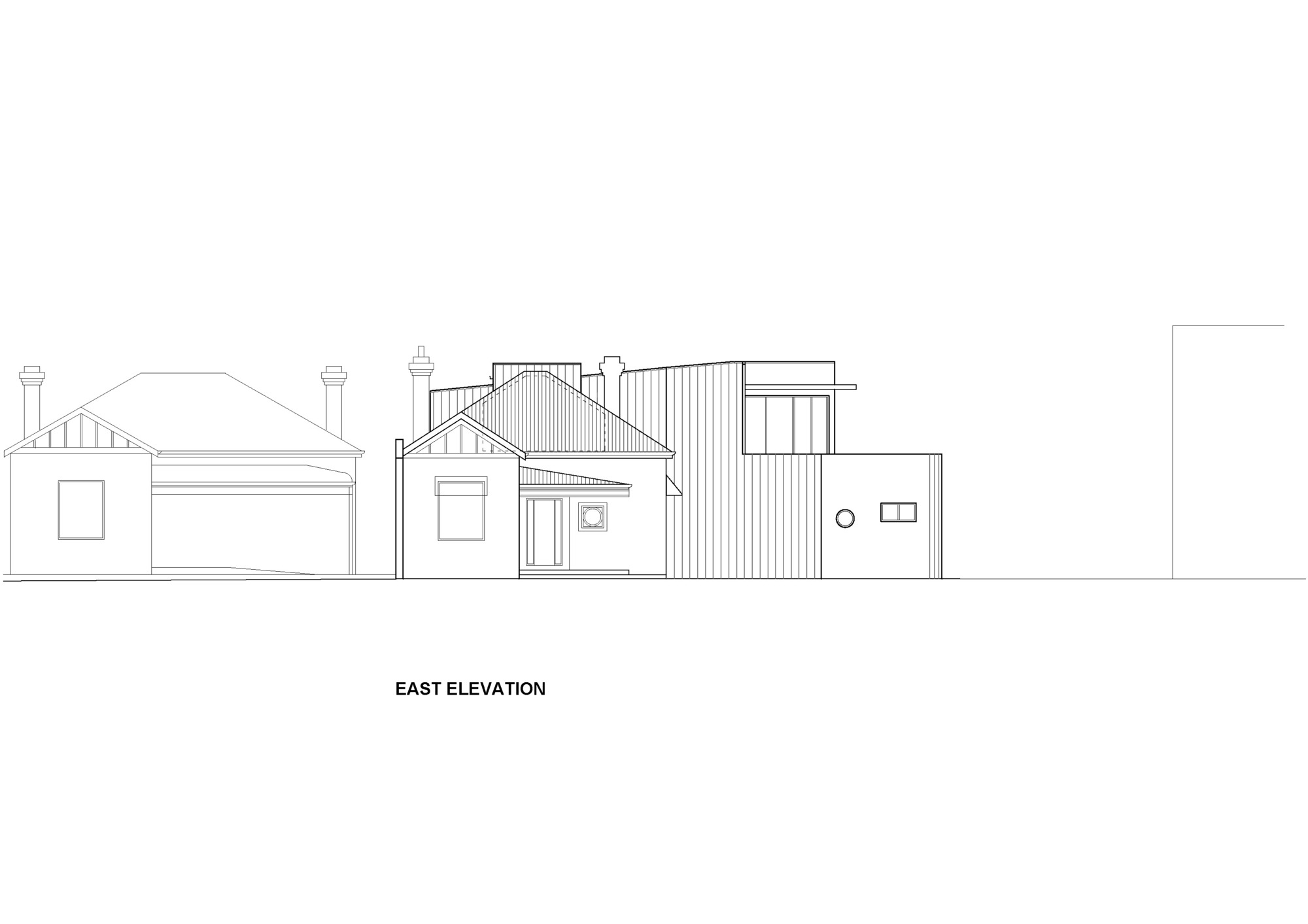 East elevation drawing showing the relationship between new corrugated cladding and adjacent heritage gable-roofed buildings