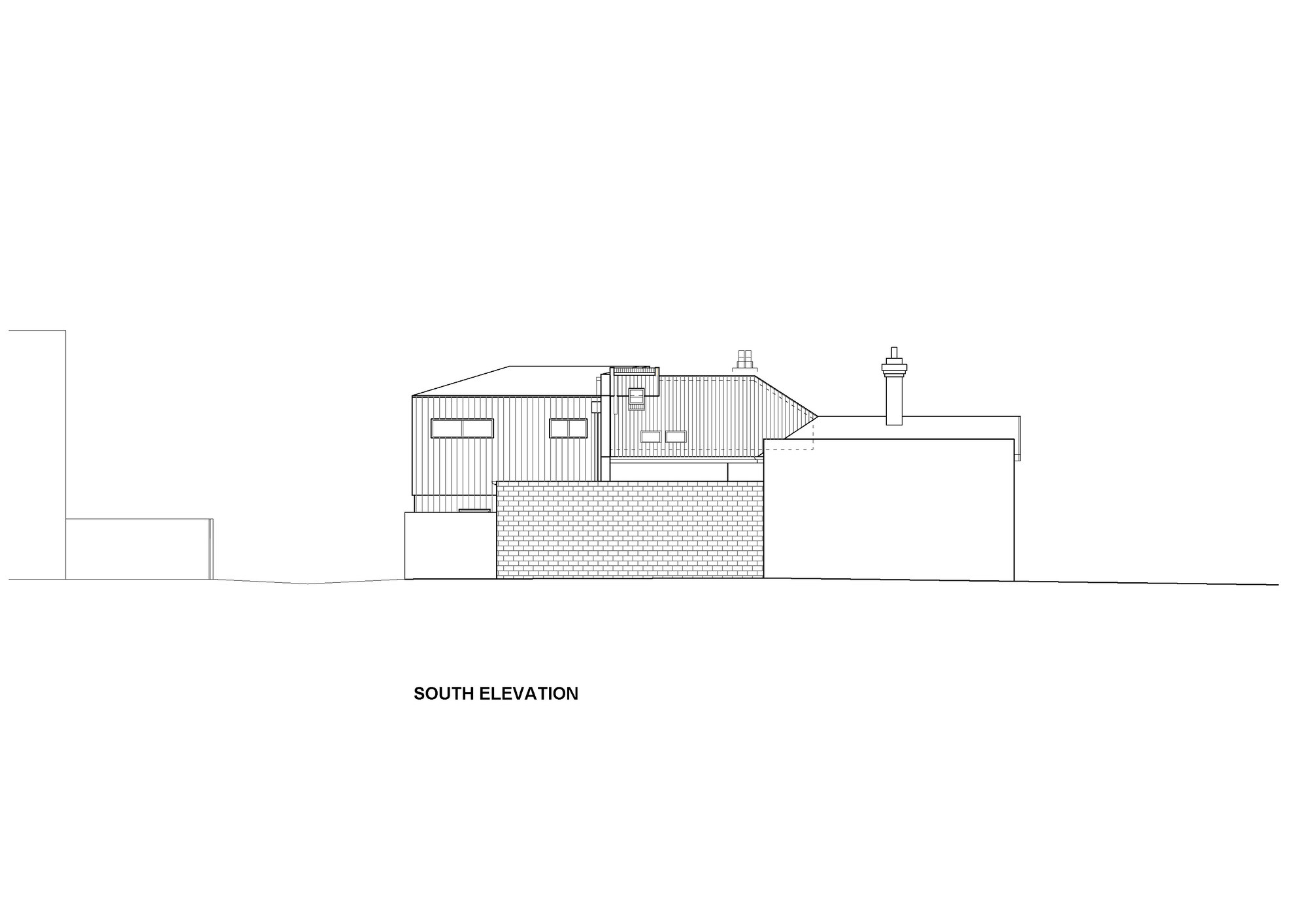 South elevation drawing featuring vertical ribbed cladding above a brick base with neighboring flat-roofed structure