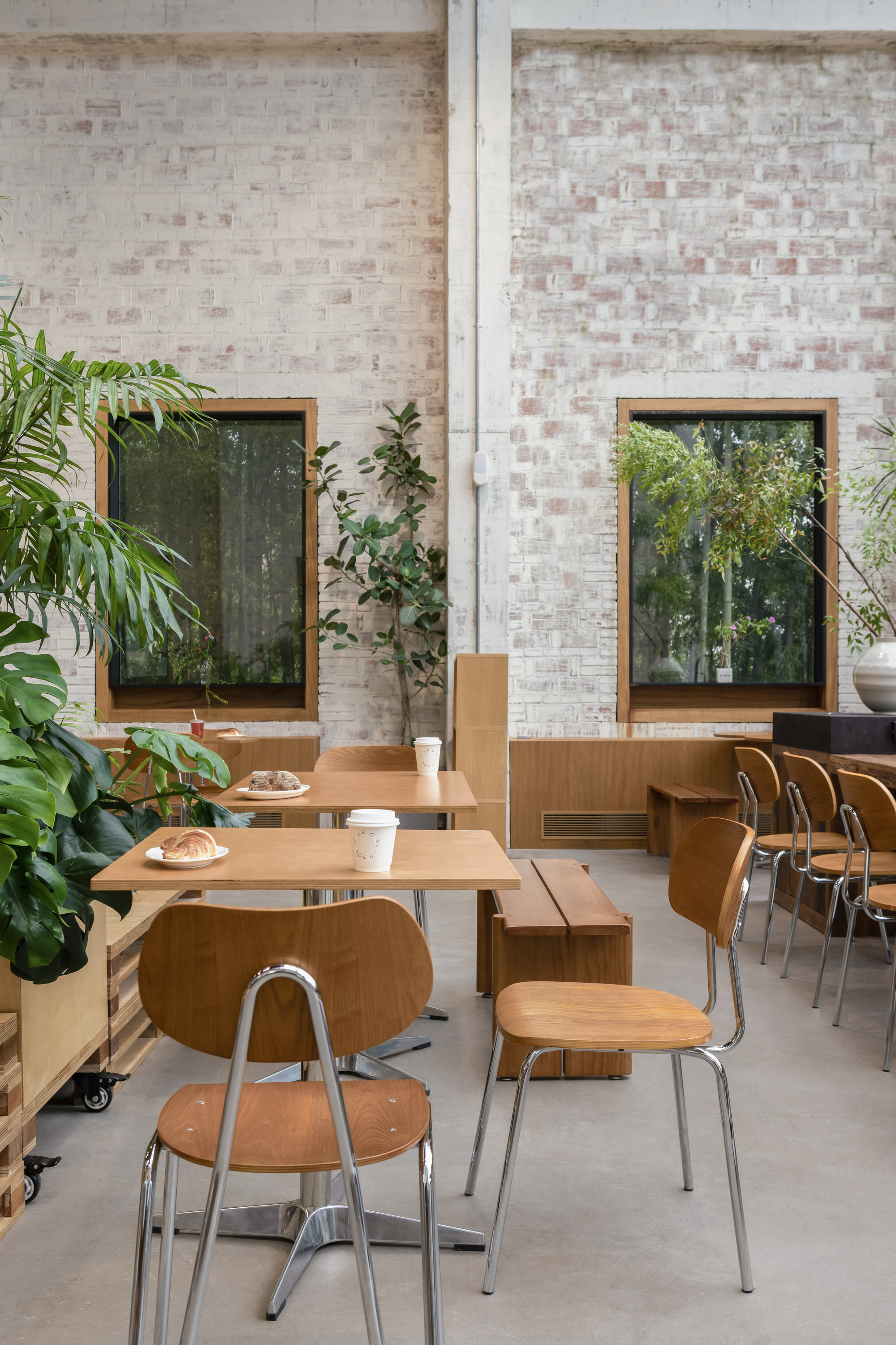 Dining area with pale brick walls, timber-framed windows and movable wooden tables among indoor plants