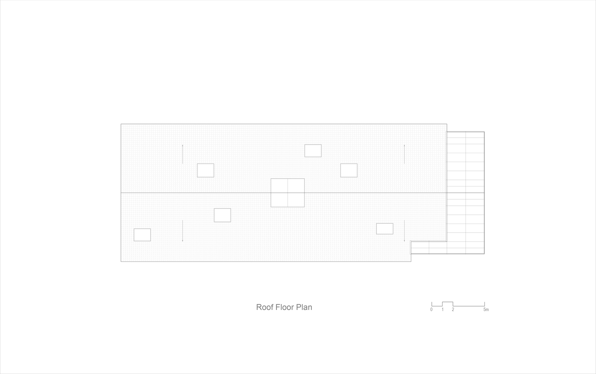 Roof plan drawing showing multiple skylight openings on a rectangular volume with exterior stairs