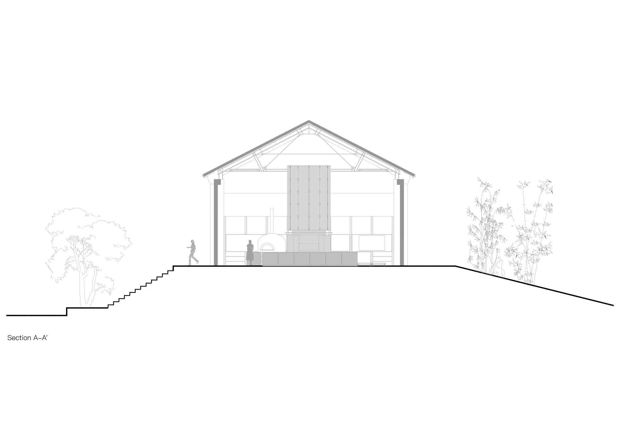 Section drawing showing exposed timber roof trusses and a central fireplace with figures and trees