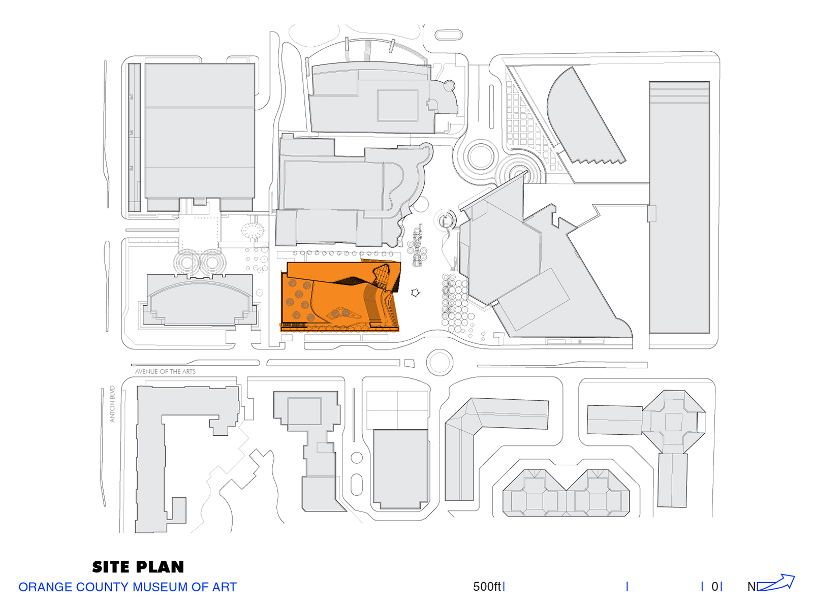 Site plan drawing showing the building footprint highlighted in orange among surrounding campus structures