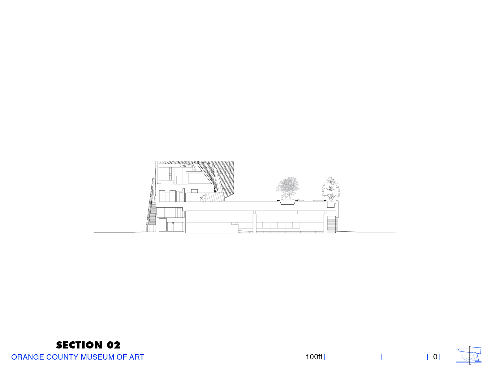 Section drawing showing a multistory volume with an angled facade and planted roof terrace with trees