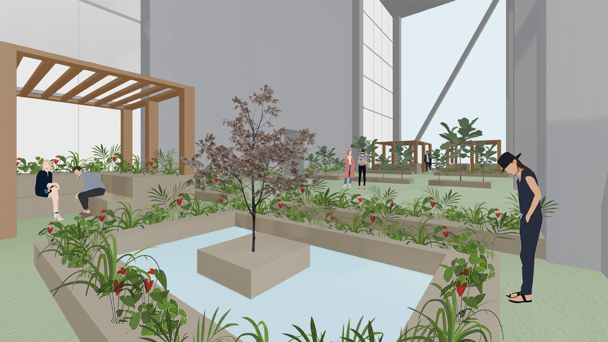 Biophilic terraces creating calm, collaborative environments across levels.