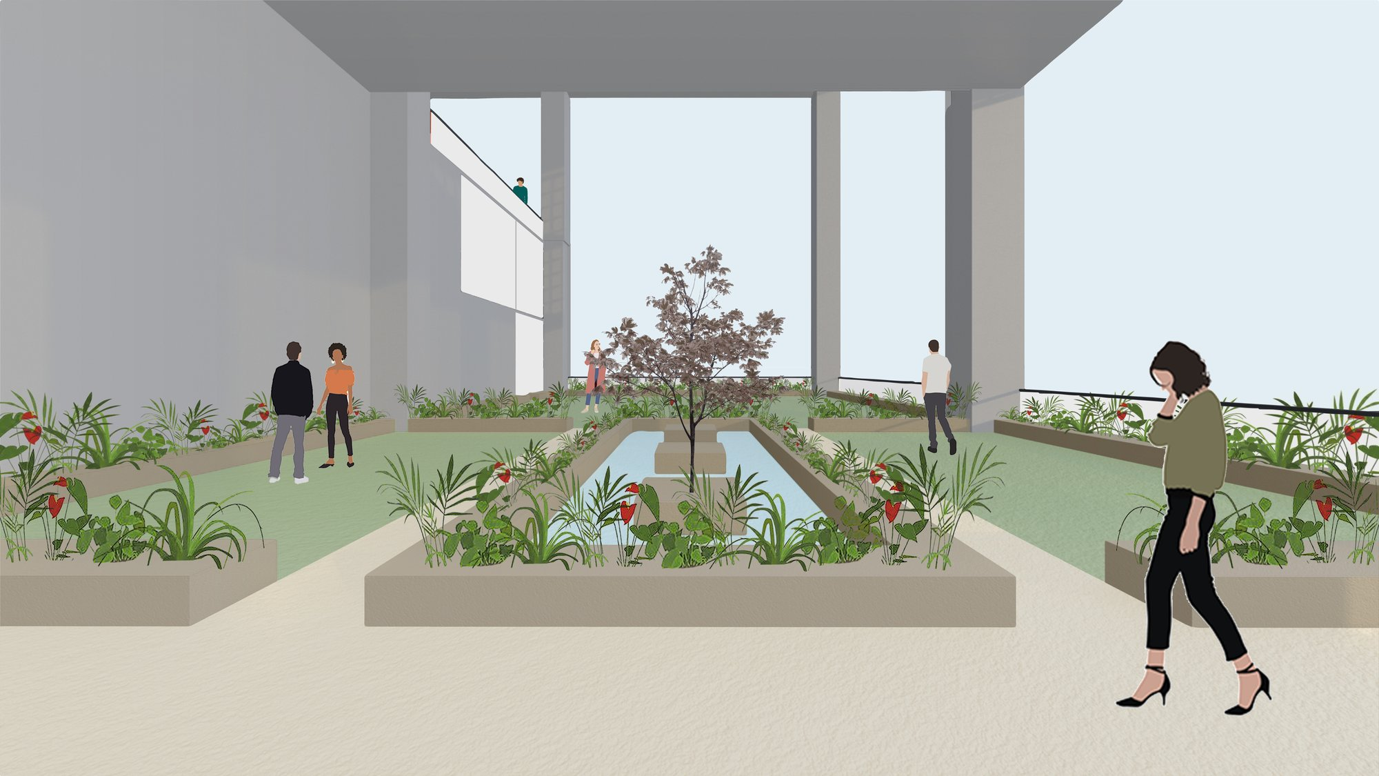 Indoor garden spaces enhancing user experience through light, air, and greenery.