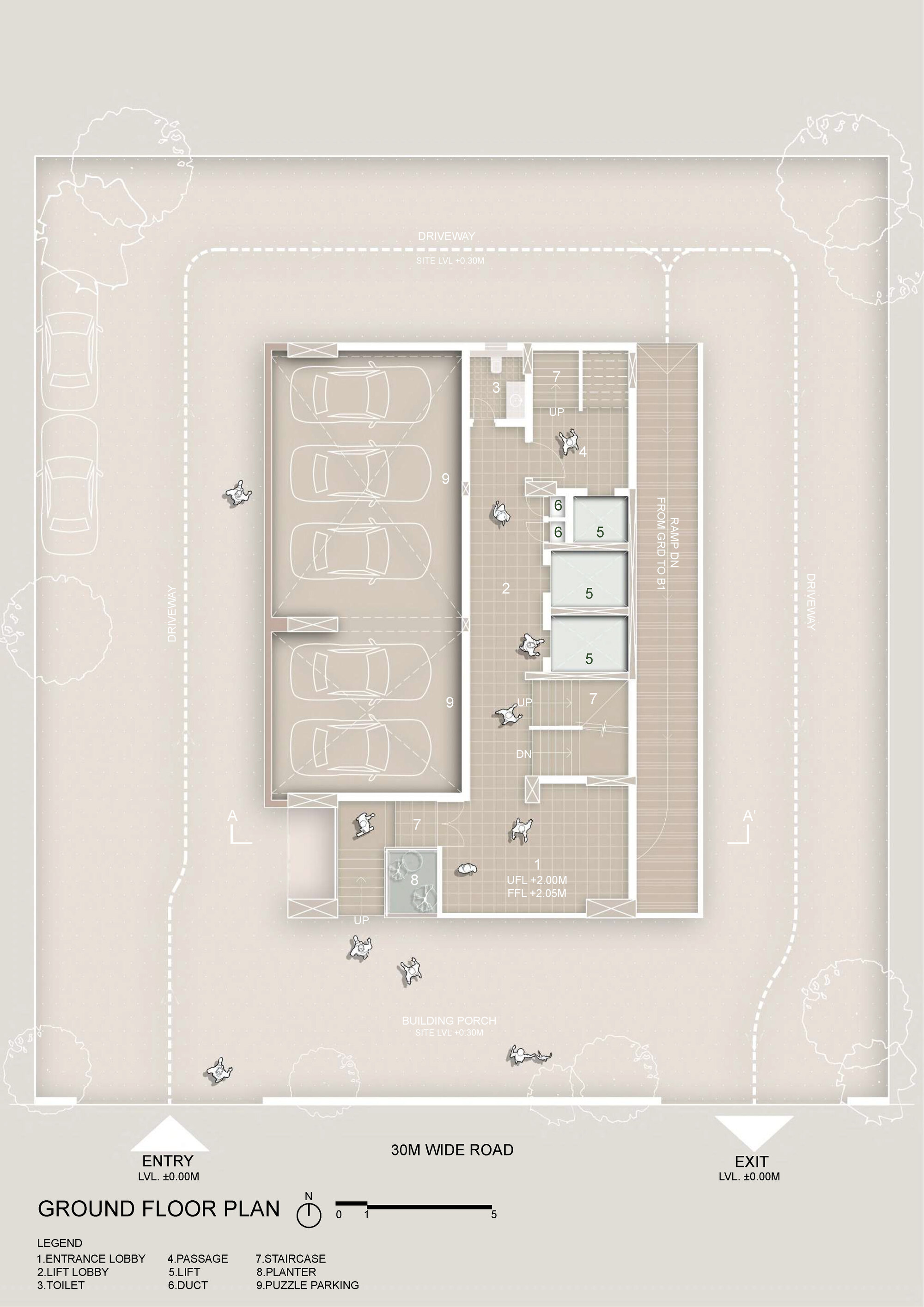 Ground floor plan drawing showing parking area and residential lobby with surrounding landscape