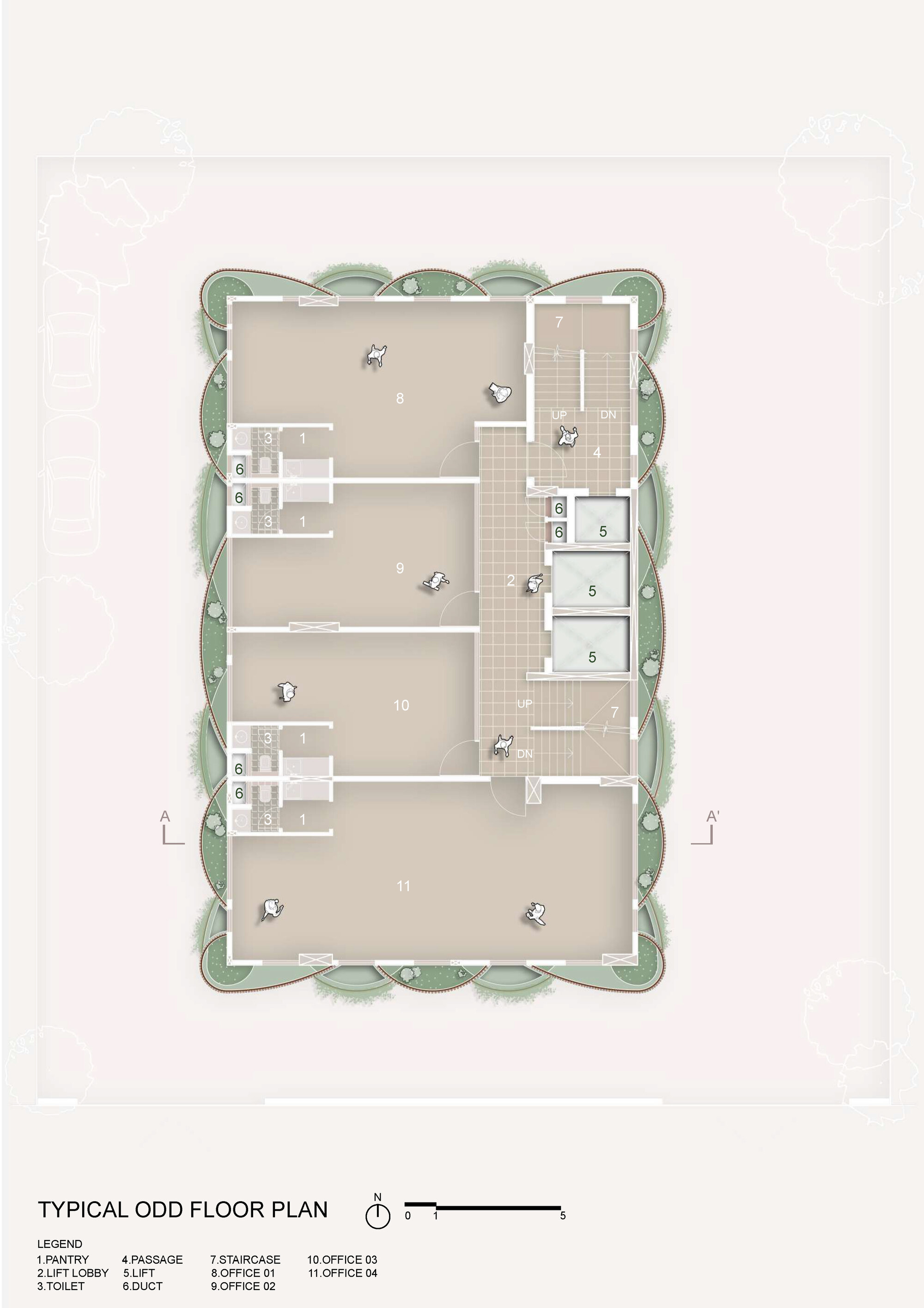 Floor plan drawing showing a rectangular building with interior rooms and surrounding landscape buffer of trees