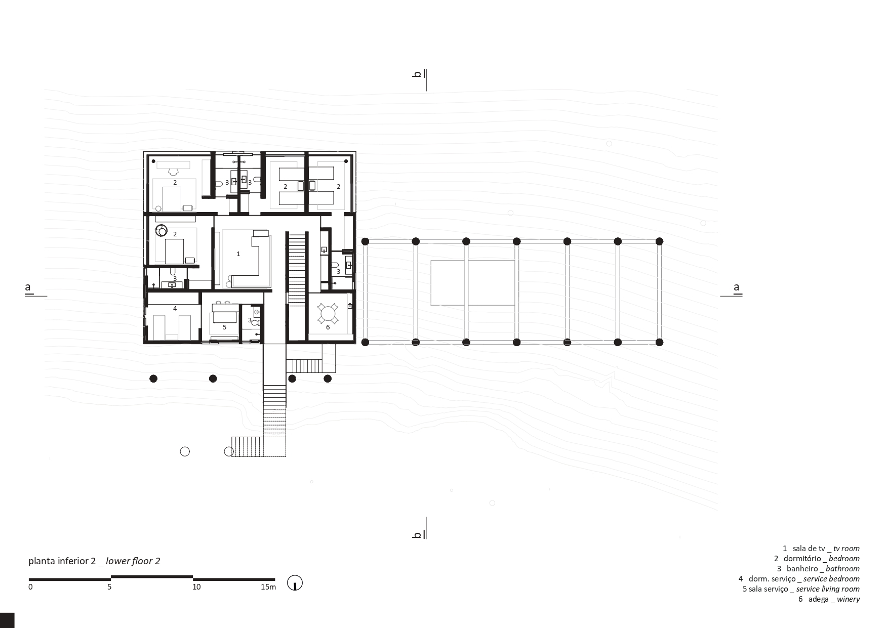 Floor plan drawing showing upper level rooms and colonnade terrace extension