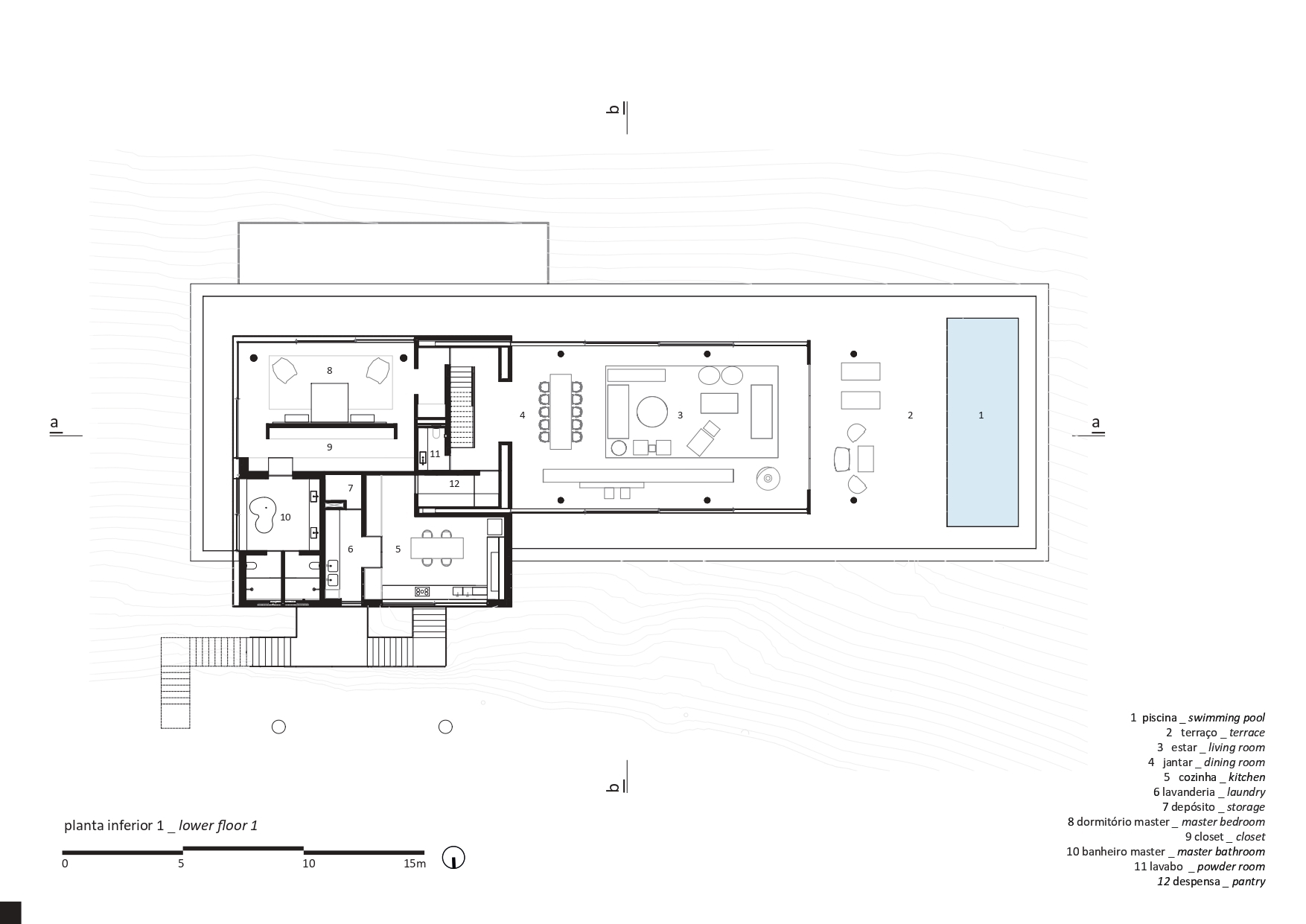 Floor plan drawing showing open living spaces with pool terrace on lower level