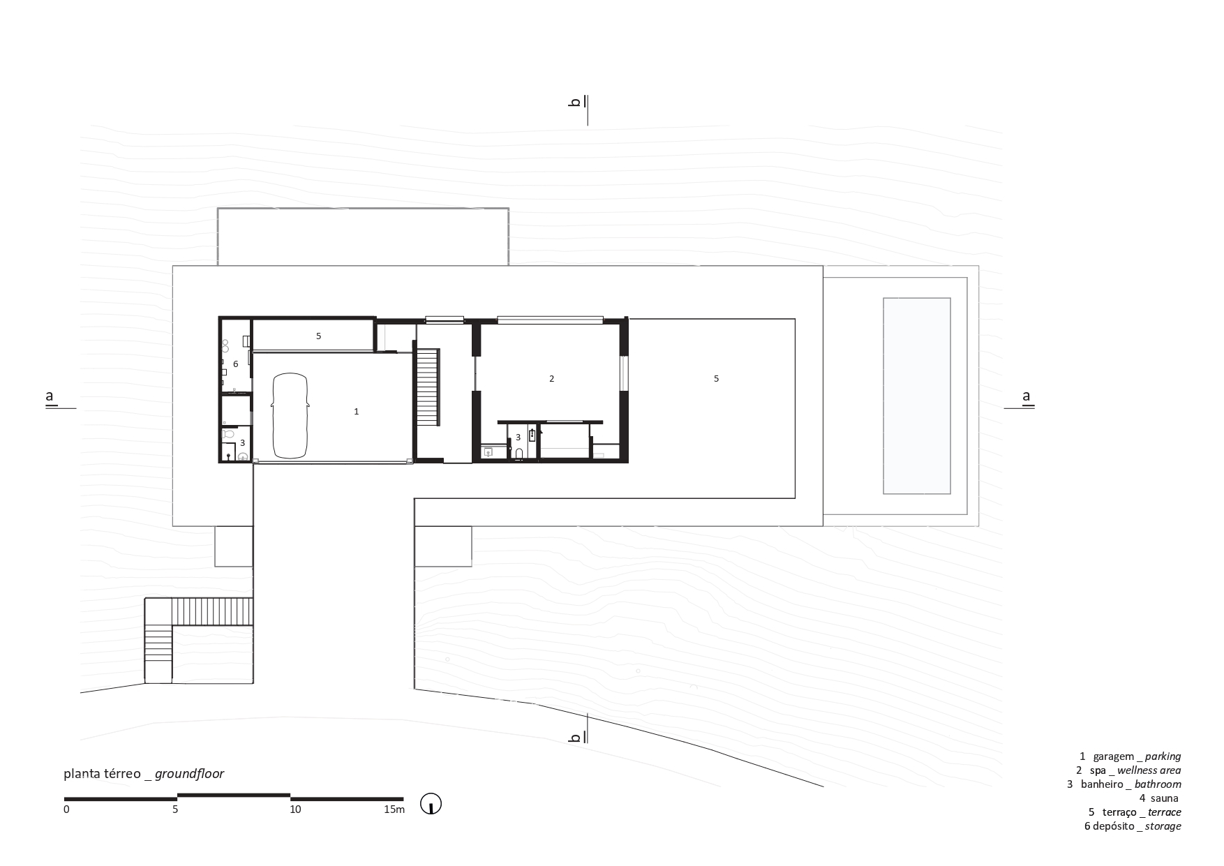Ground floor plan drawing showing garage, terrace and sloped site boundary