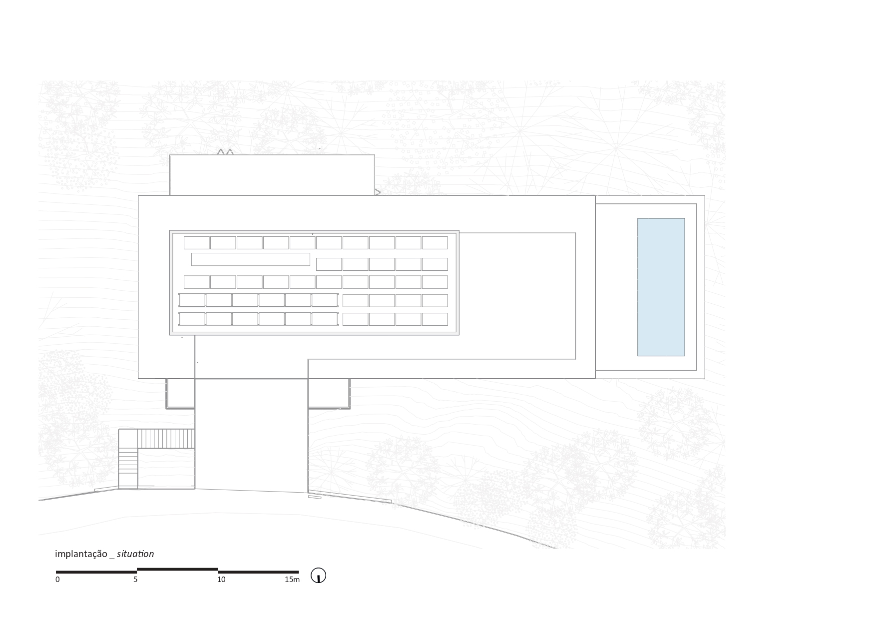 Site plan drawing showing a rectangular volume with a swimming pool on sloping terrain