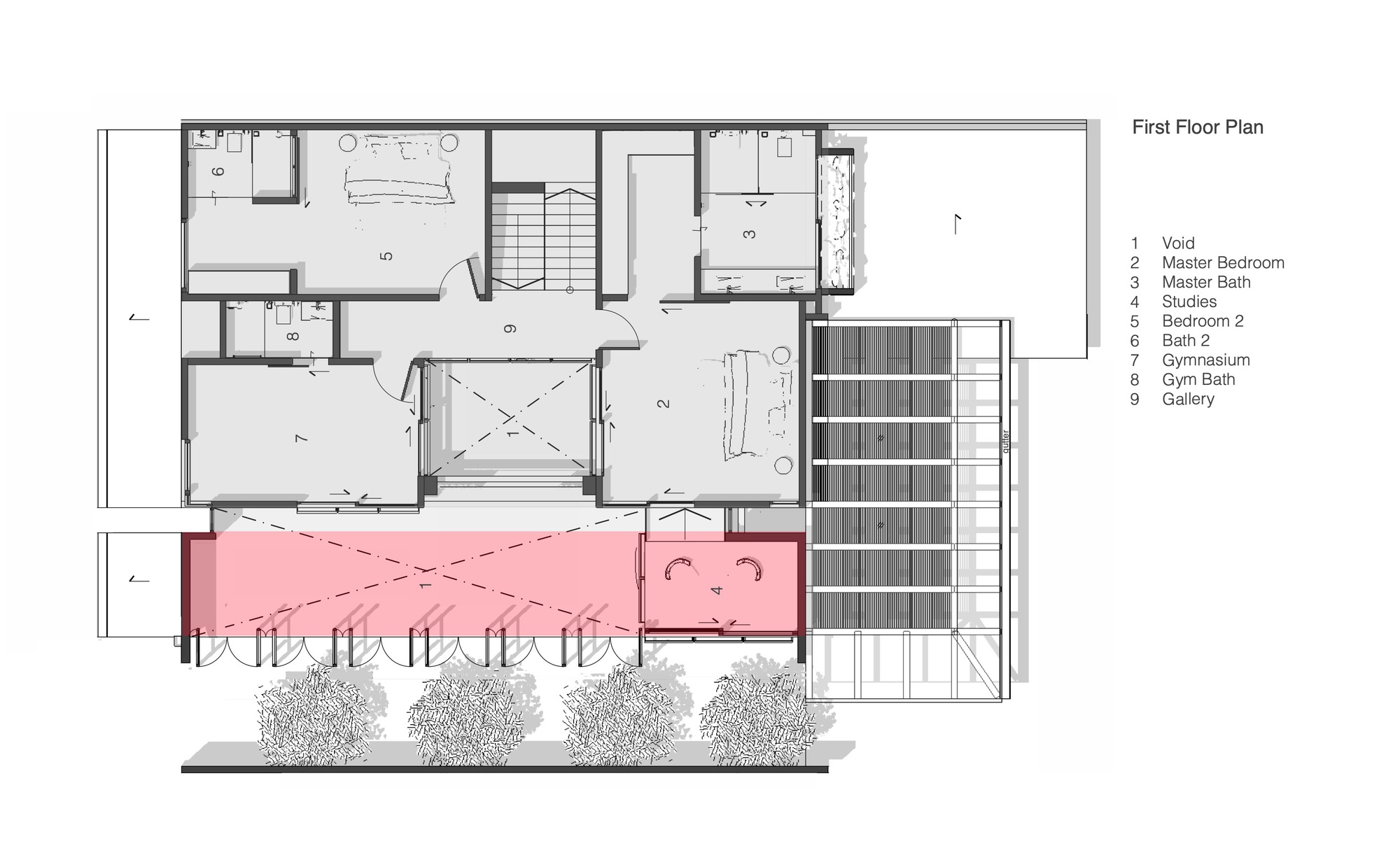 First floor plan drawing showing bedrooms and central void with pink-highlighted cantilevered volume and solar panels