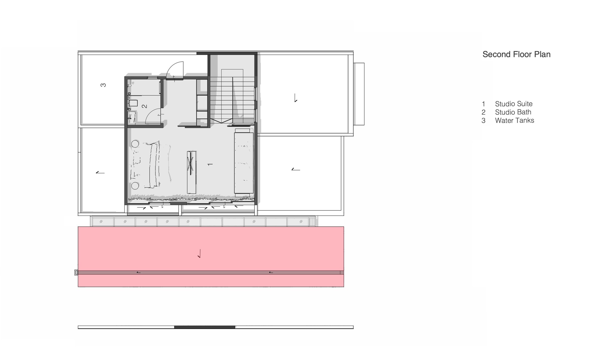 Second floor plan drawing showing studio suite with bathroom and cantilevered pink volume below