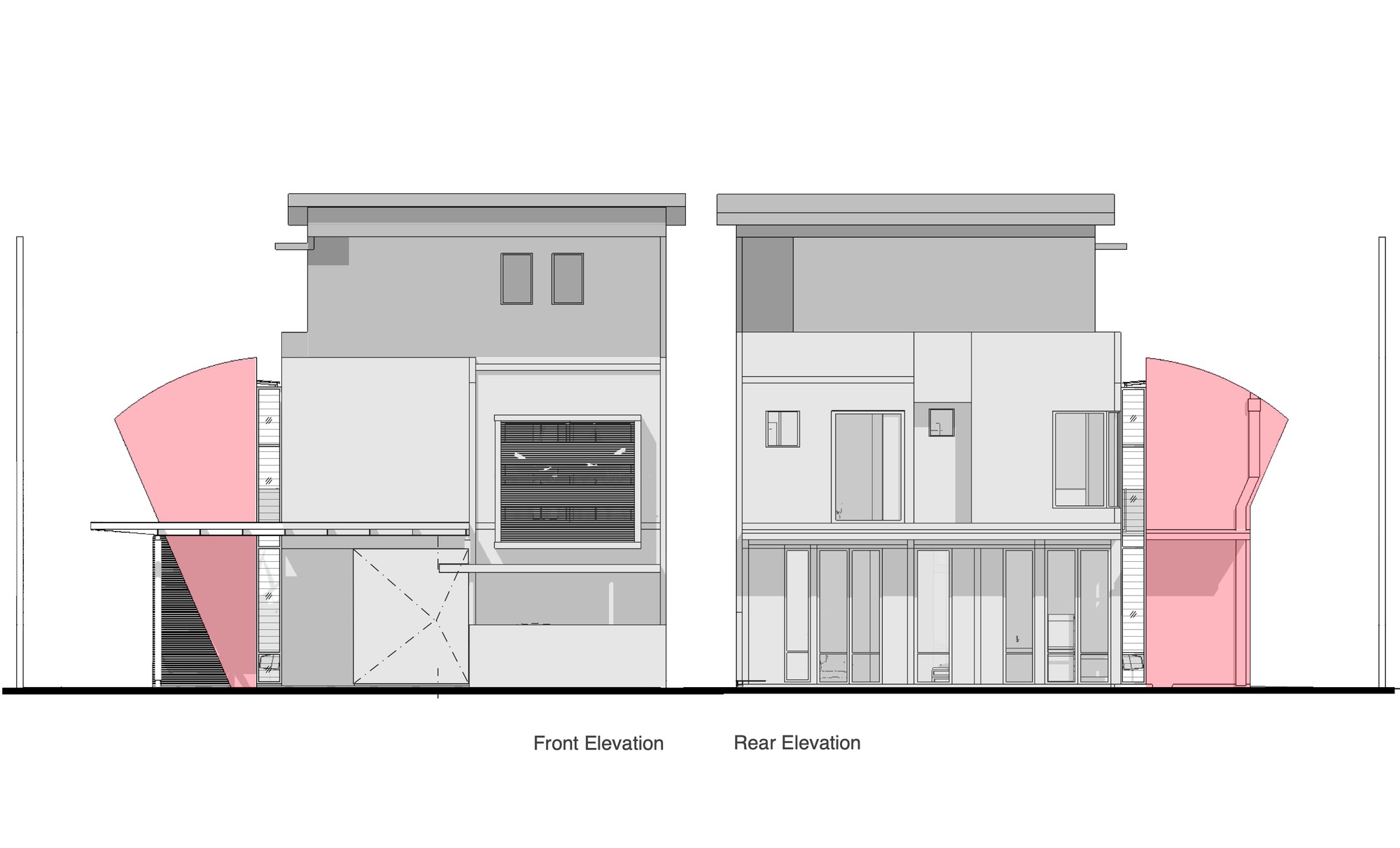 Front and rear elevation drawings showing two-story volumes with pink wing-shaped elements flanking both facades