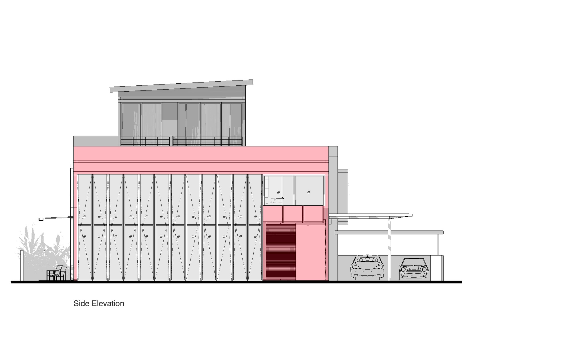 Side elevation drawing showing double-height glazed wall with diagonal bracing and pink cantilevered band above garage