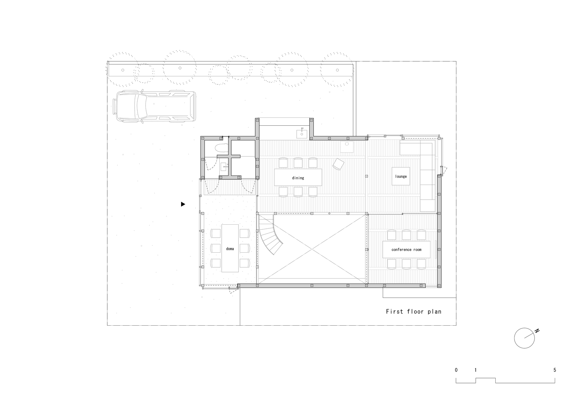 First floor plan drawing showing dining area, lounge, and central triangular void with carport to the left