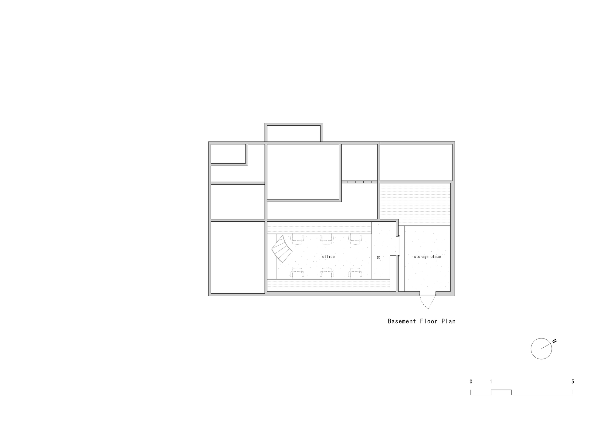Basement floor plan drawing showing office and storage areas with partial level changes