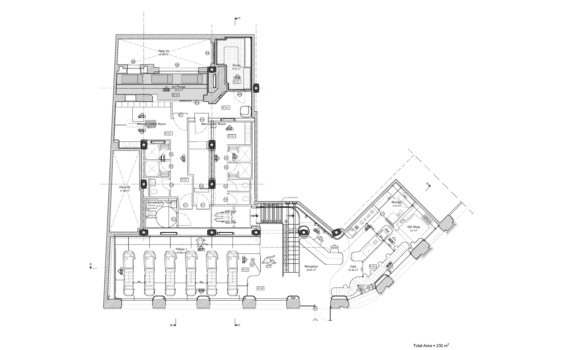 Floor plan drawing showing angled layout with exercise area, stair core and auxiliary rooms