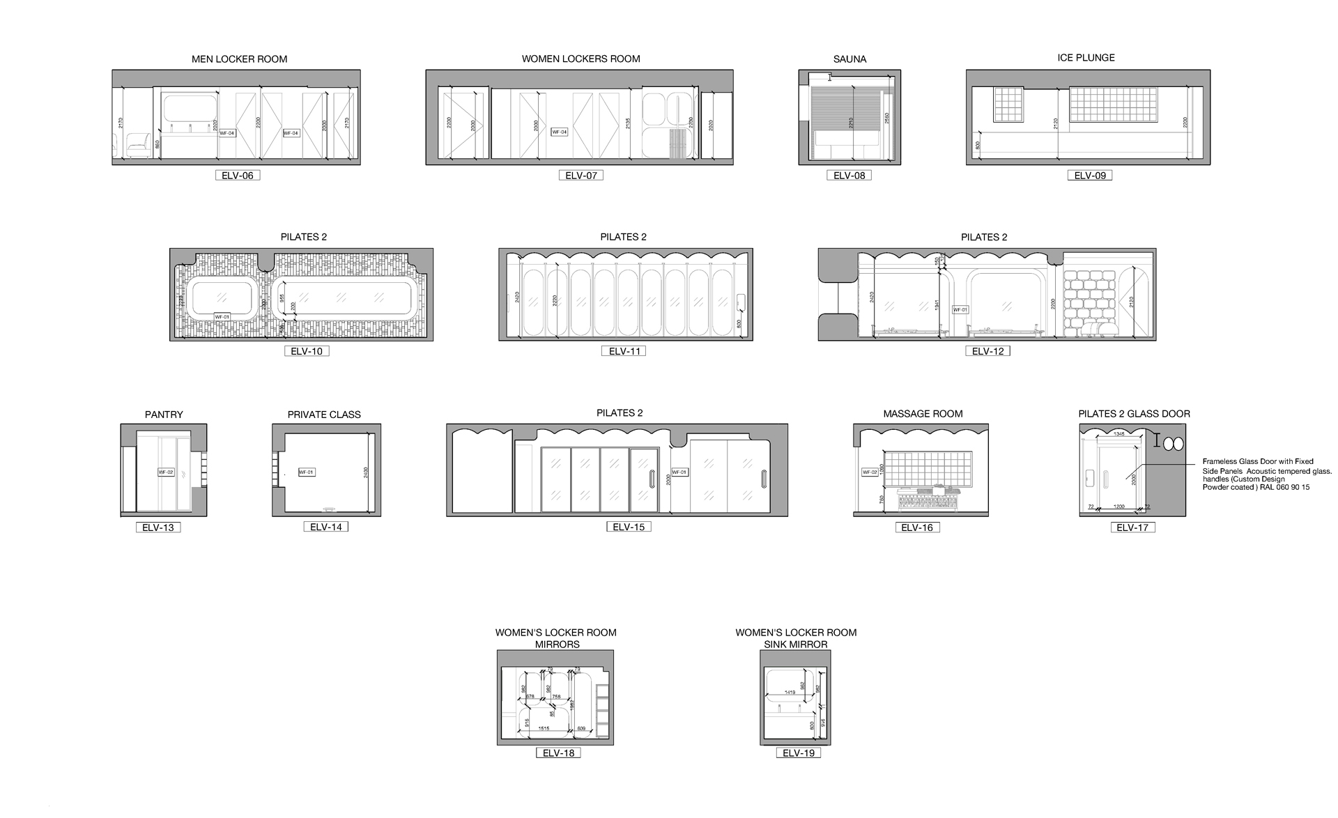 Interior elevation drawings showing locker rooms, sauna, ice plunge, pantry, massage room, and exercise spaces