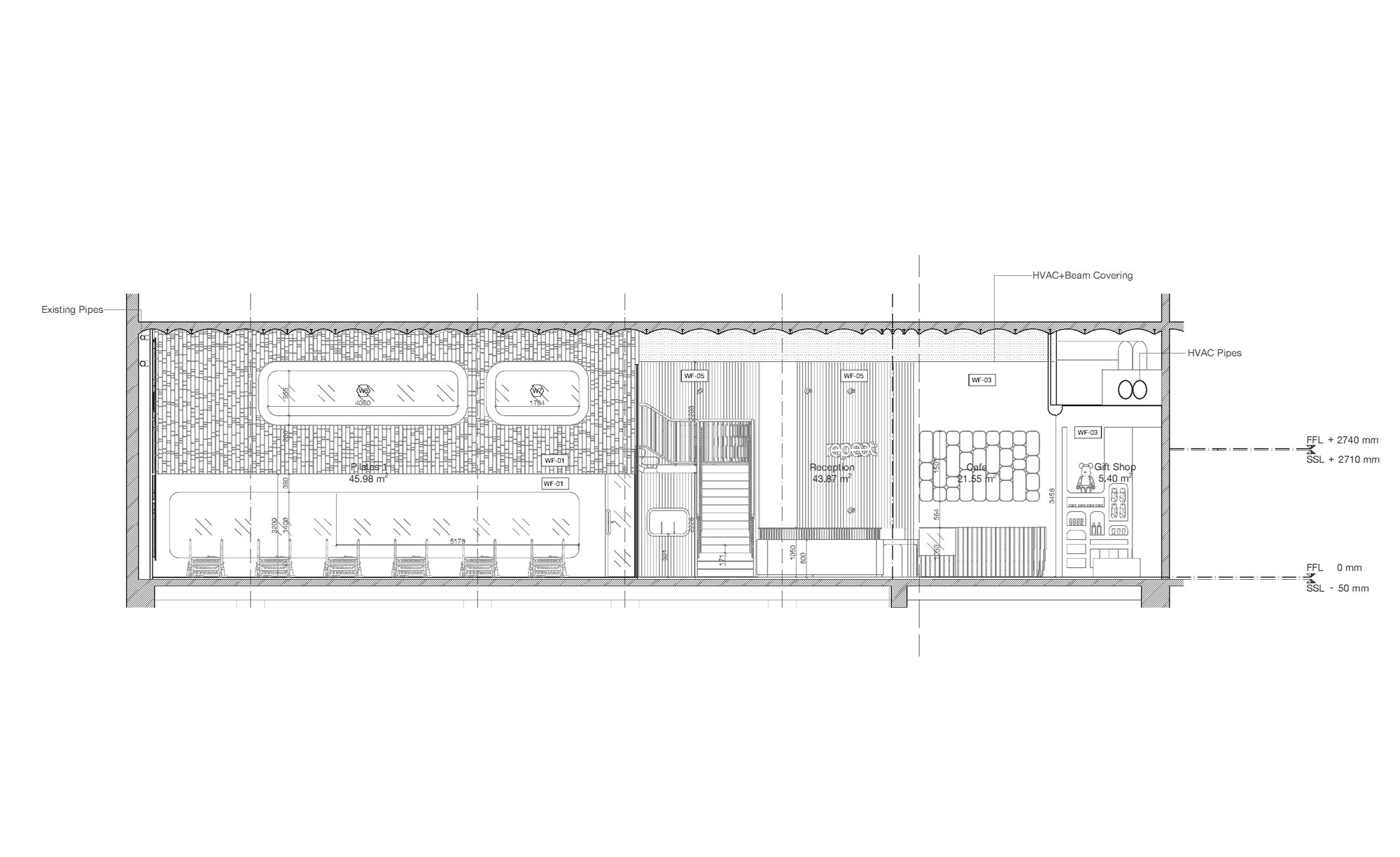 Section drawing through bathing pools, reception area, stair, and seating zones with ceiling details