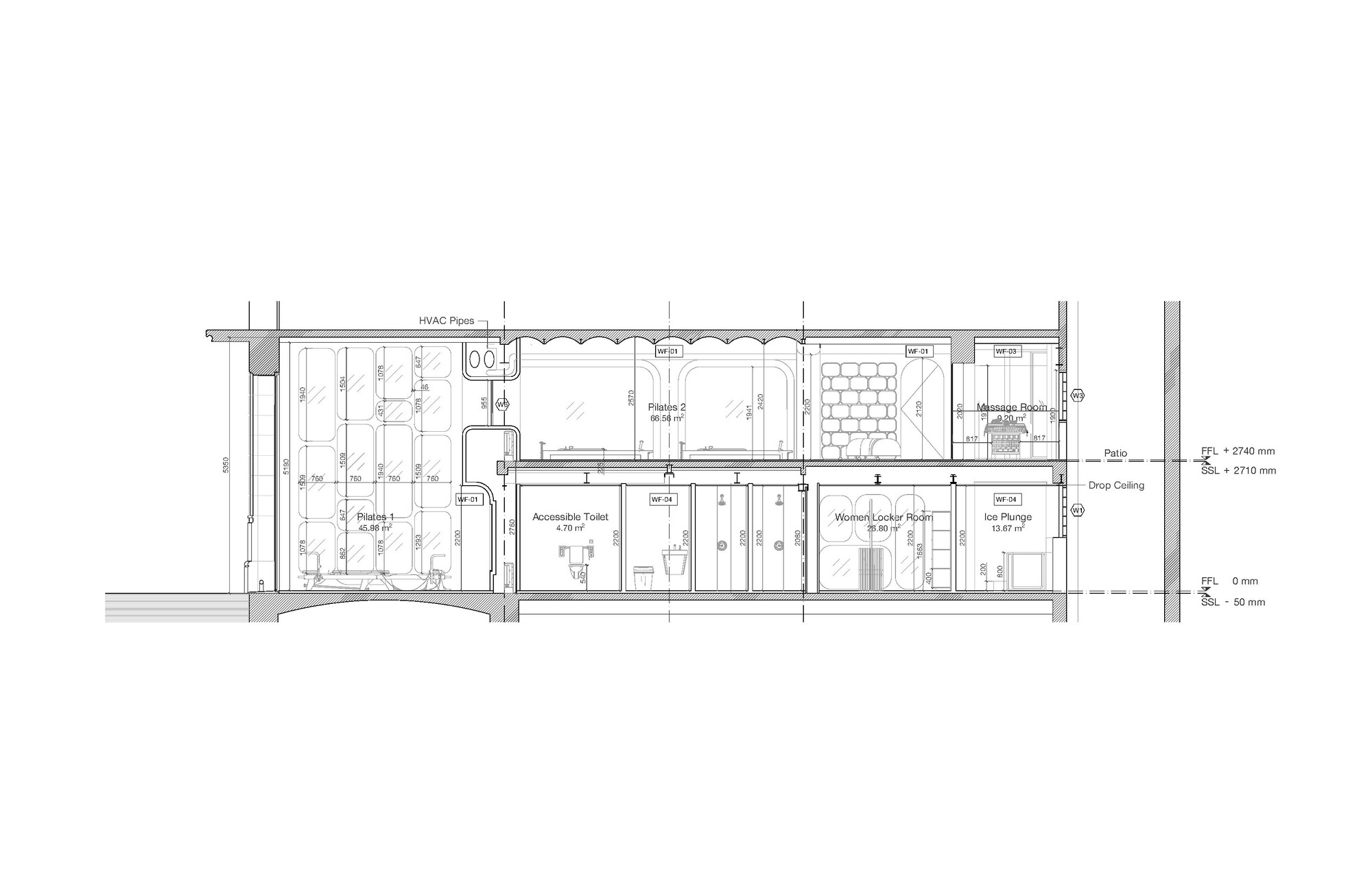 Section drawing showing exercise rooms, toilet facilities, locker spaces, and vertical circulation with level annotations