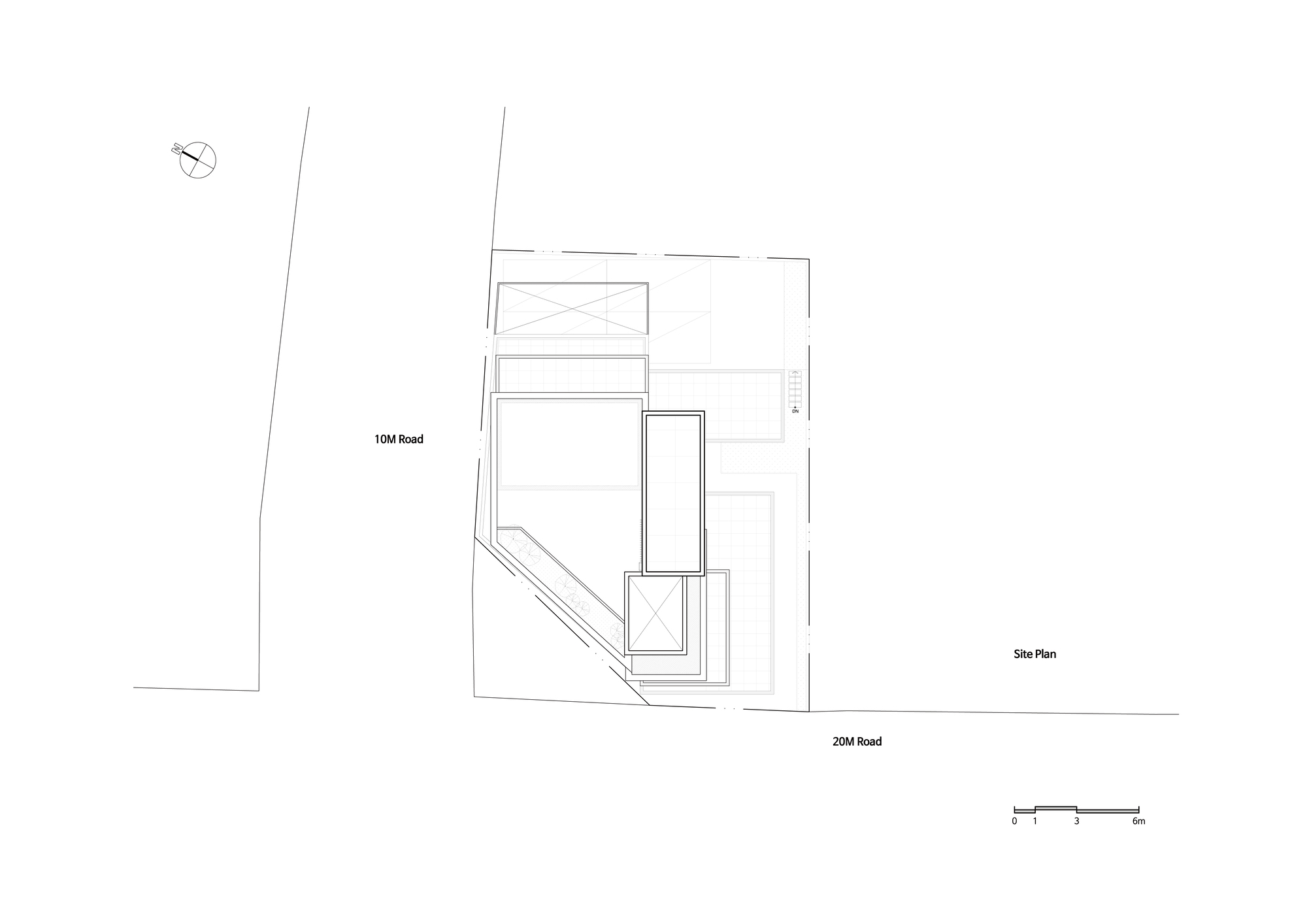 Site plan drawing showing the angled footprint between two intersecting roads