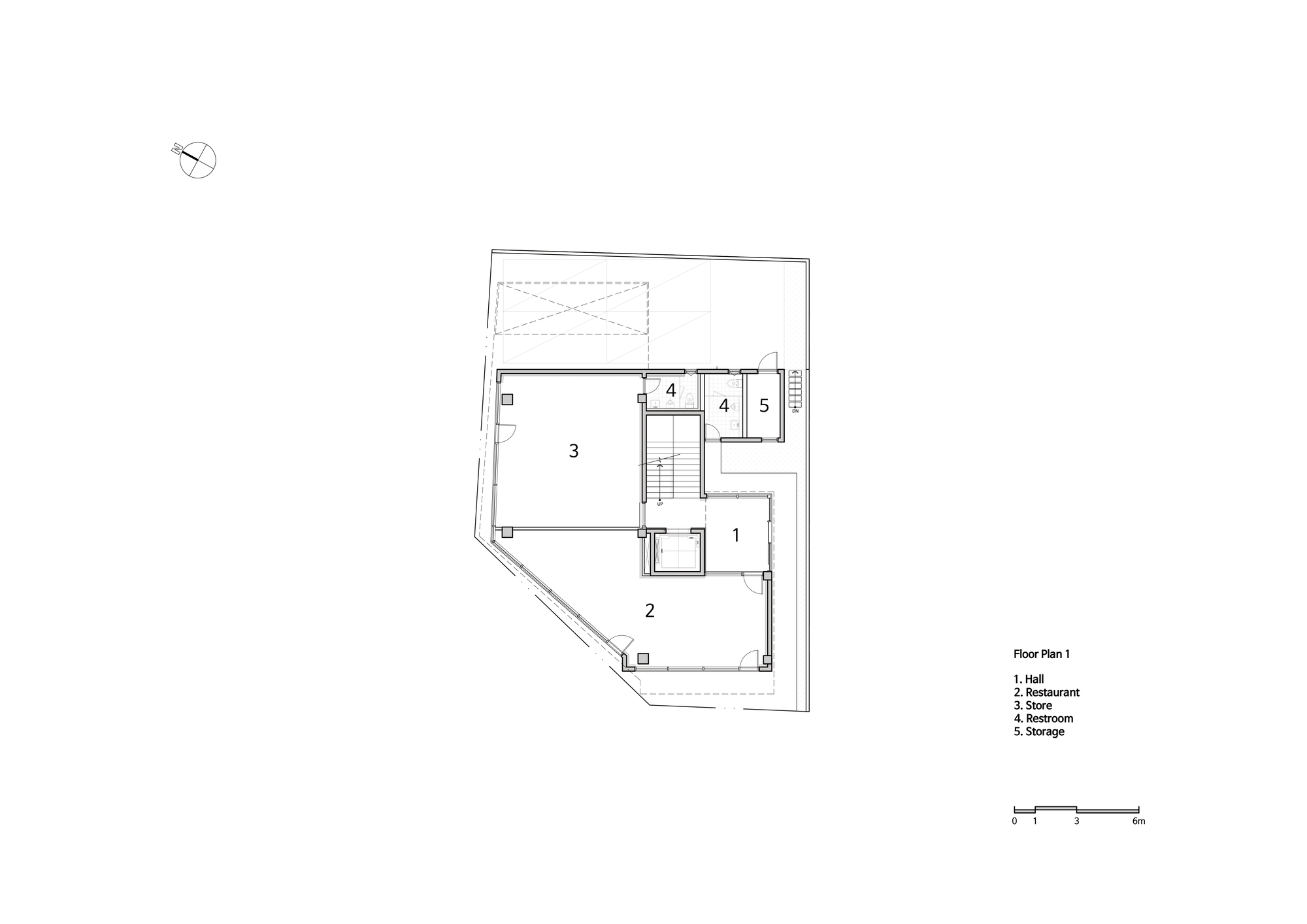 First floor plan drawing showing hall, restaurant, and restroom spaces around central stair