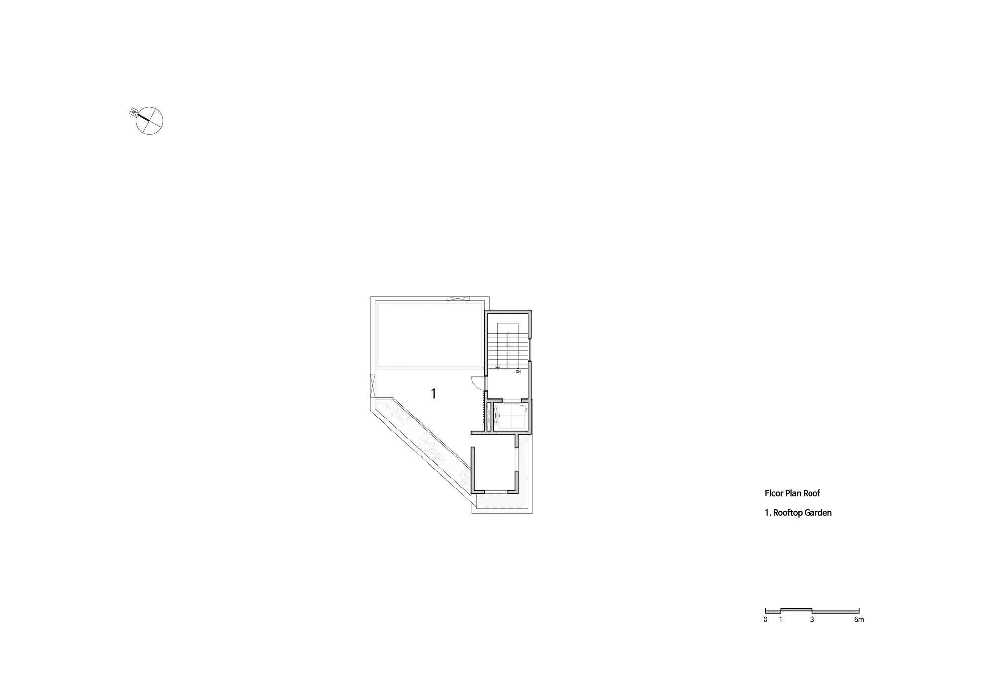 Roof plan drawing showing rooftop garden and stair access on an angled footprint