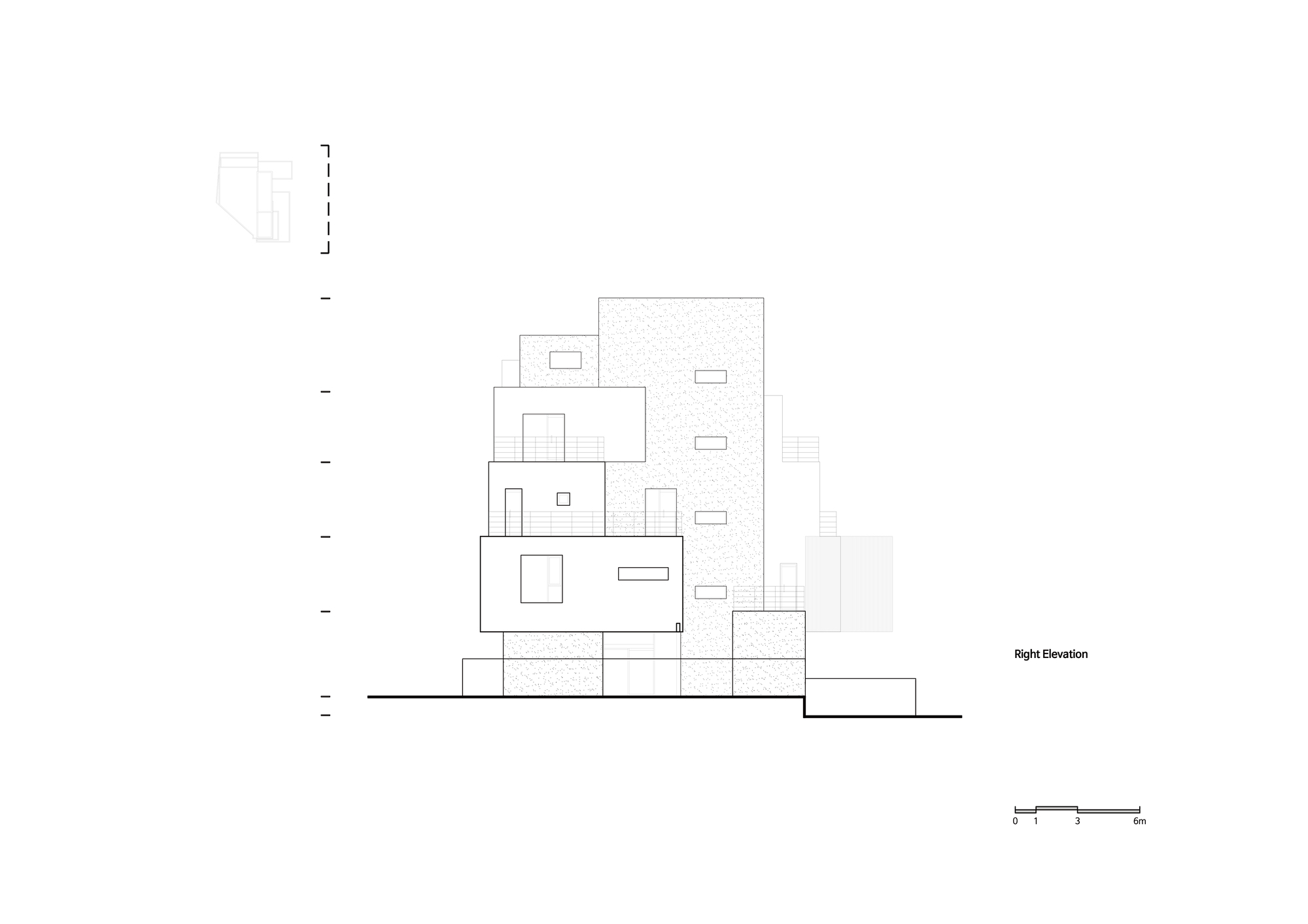 Right elevation drawing showing a terraced composition of stacked volumes with textured and solid surfaces