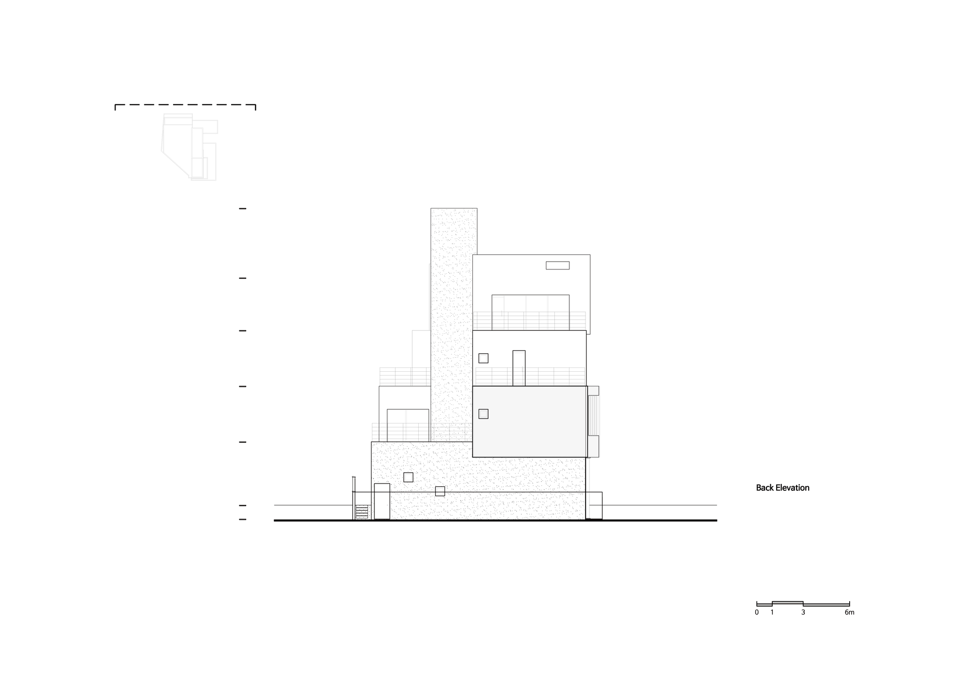 Back elevation drawing depicting a vertical tower element adjacent to clustered rectangular volumes