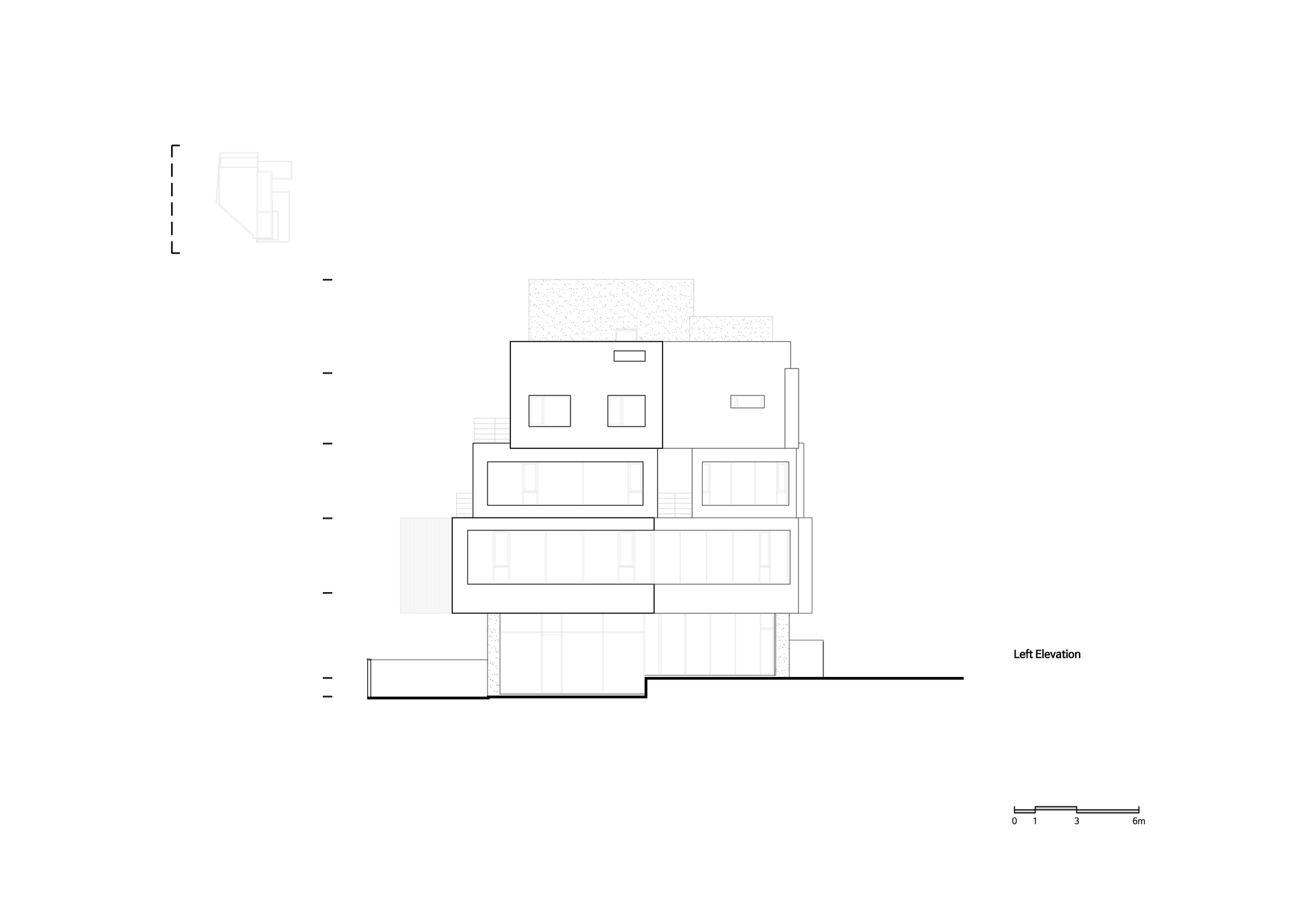 Left elevation drawing illustrating horizontal massing with recessed and projecting rectangular forms
