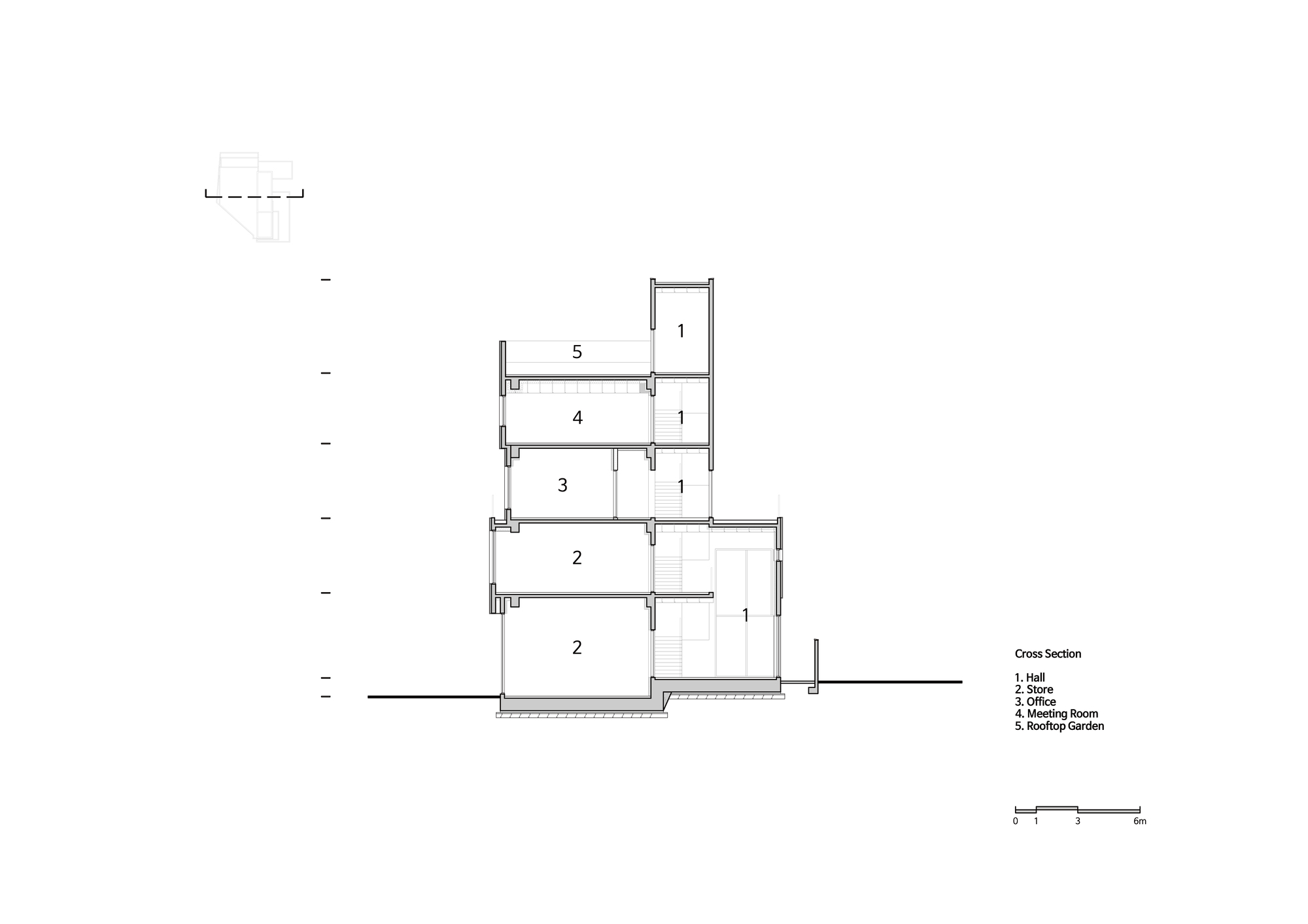 Cross section drawing revealing interior spatial organization across multiple split levels with numbered zones