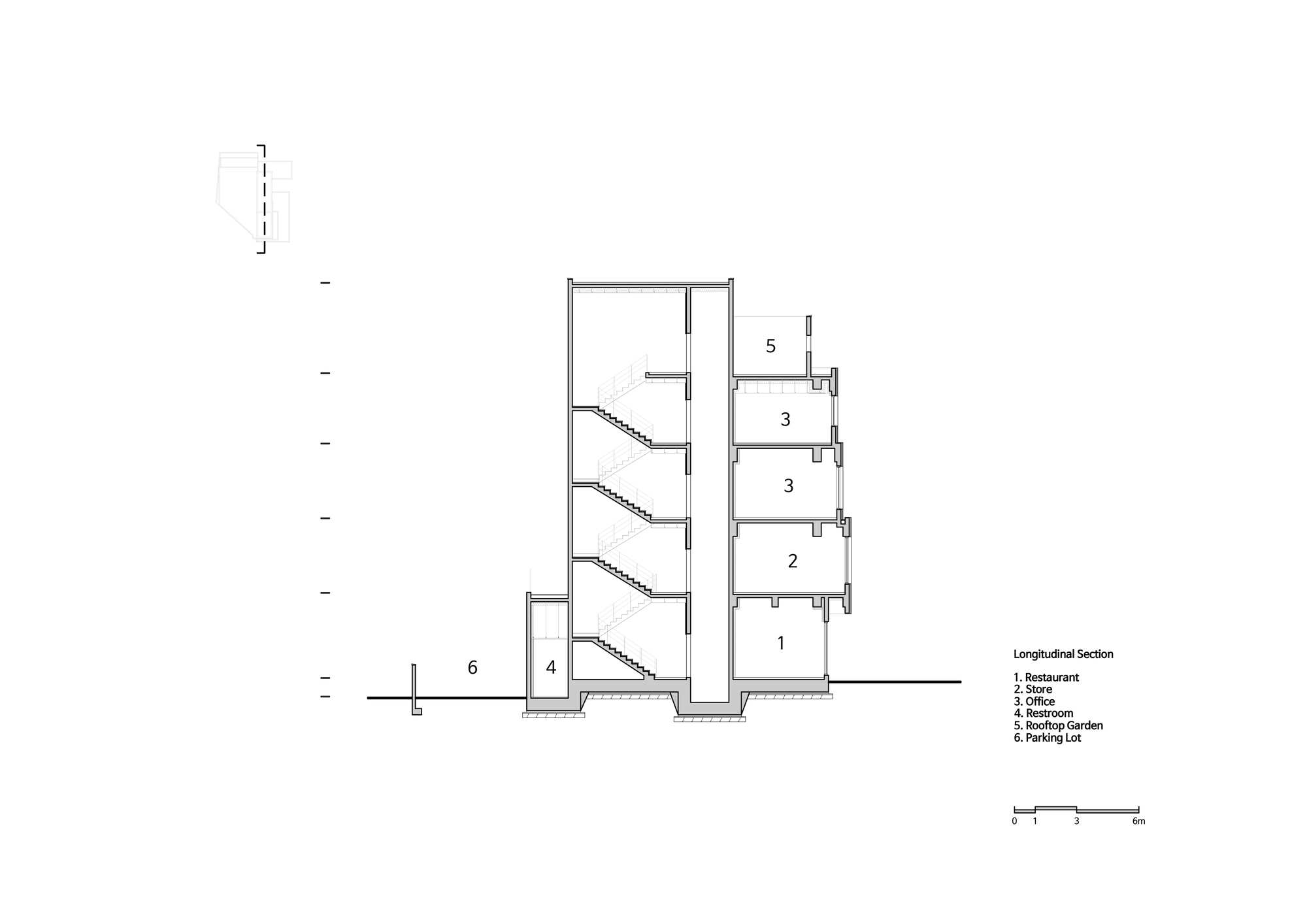 Longitudinal section drawing showing stair connections between floors and a vertical circulation tower