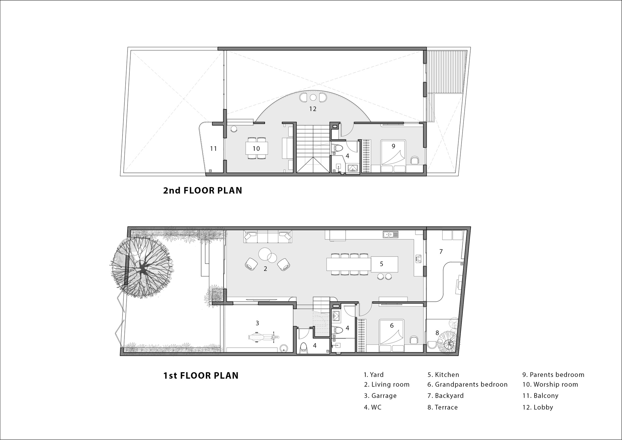 Floor plan drawing showing first and second floor layouts with central staircase and courtyard