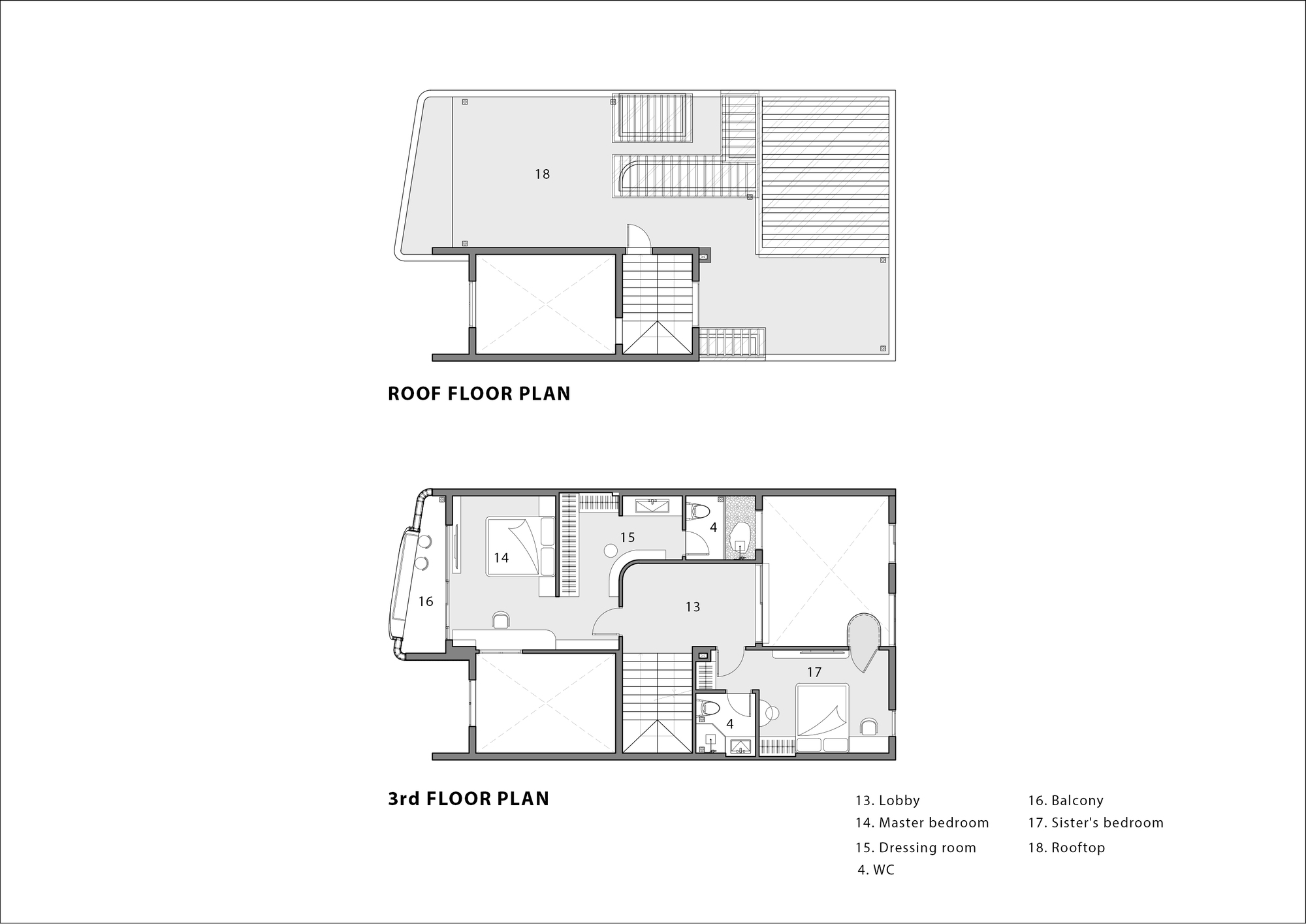 Floor plan drawing showing third floor and roof level with bedroom distribution and rooftop terrace