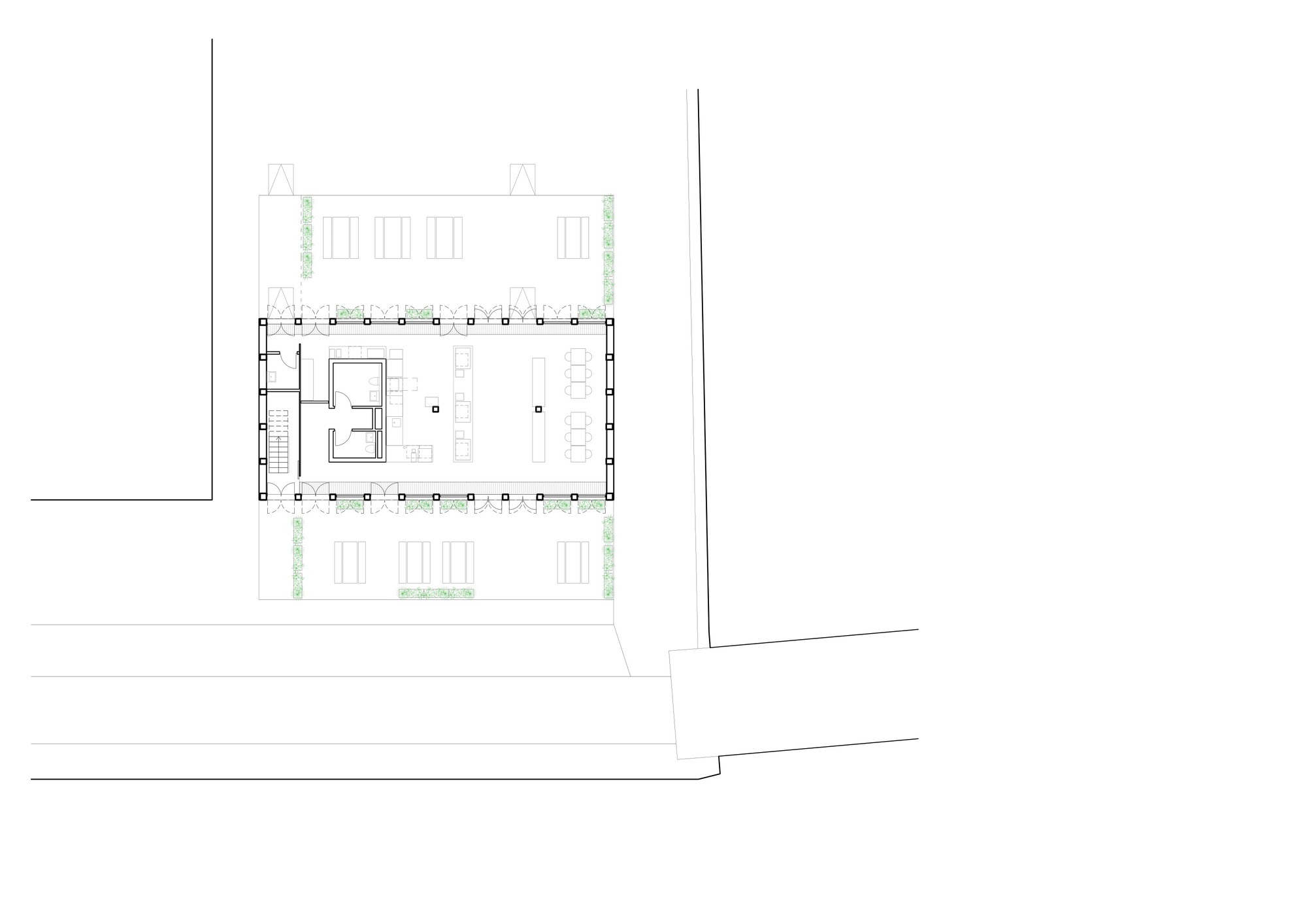 Floor plan drawing showing rectangular volume with perimeter columns and central service core