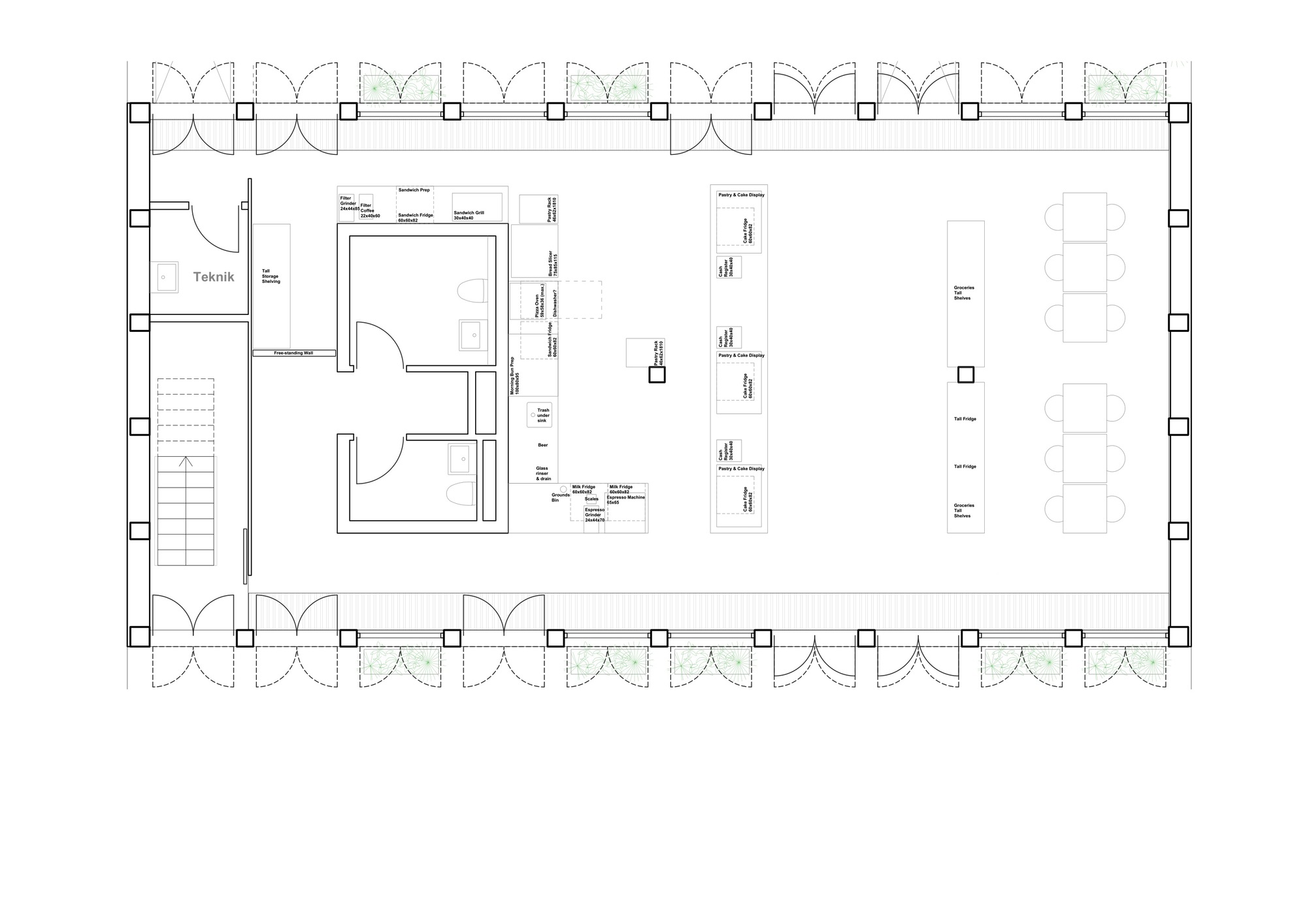 Floor plan drawing showing open dining area with arched perimeter and enclosed service zones