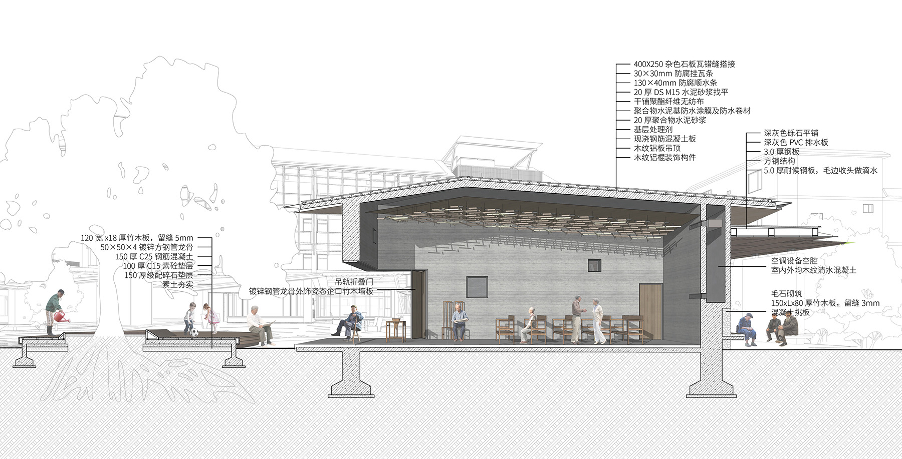 Section drawing revealing the double-height interior space with exposed timber roof structure and annotated details