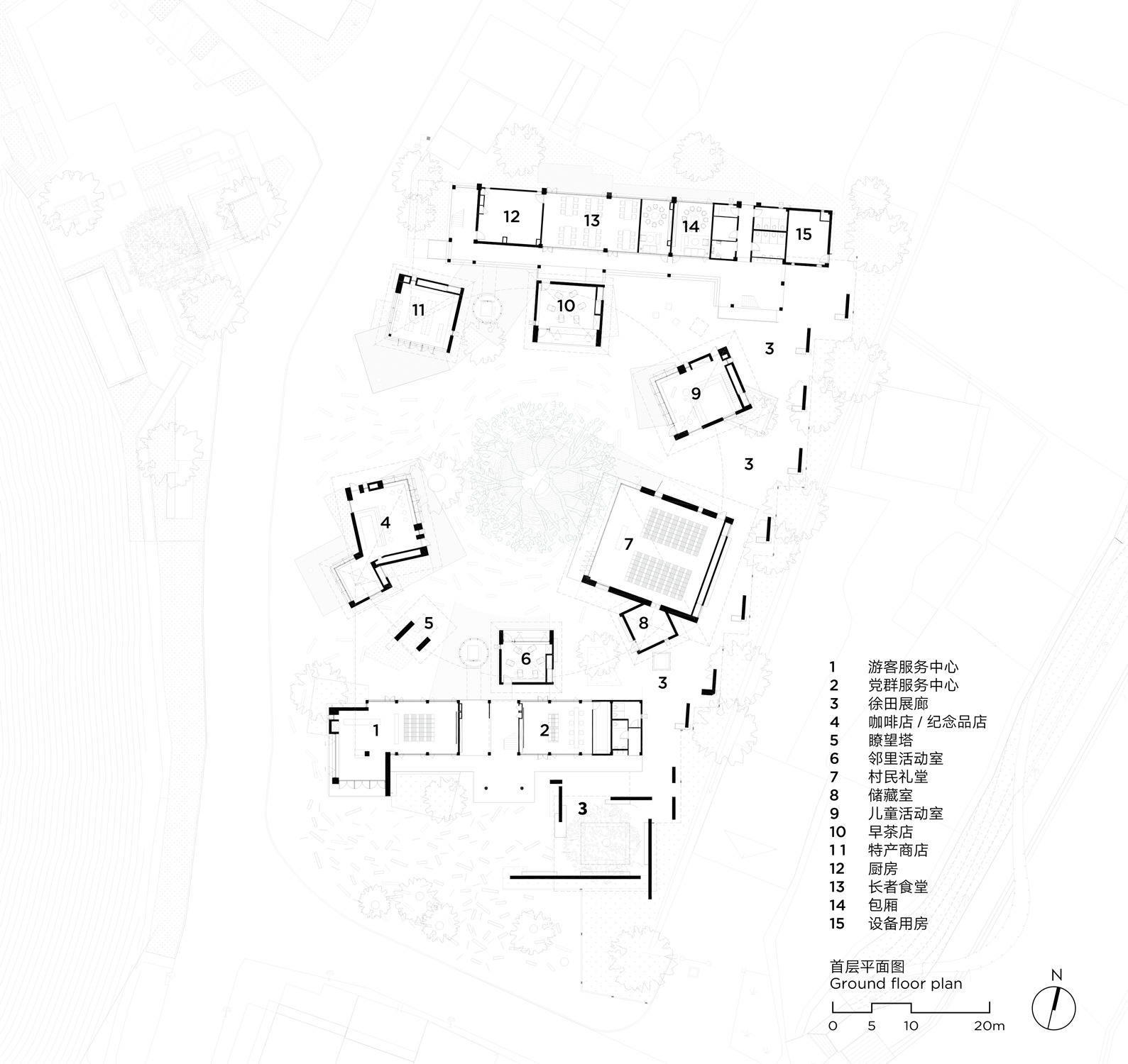Ground floor plan showing clustered pavilion volumes arranged around open courtyards and numbered room designations