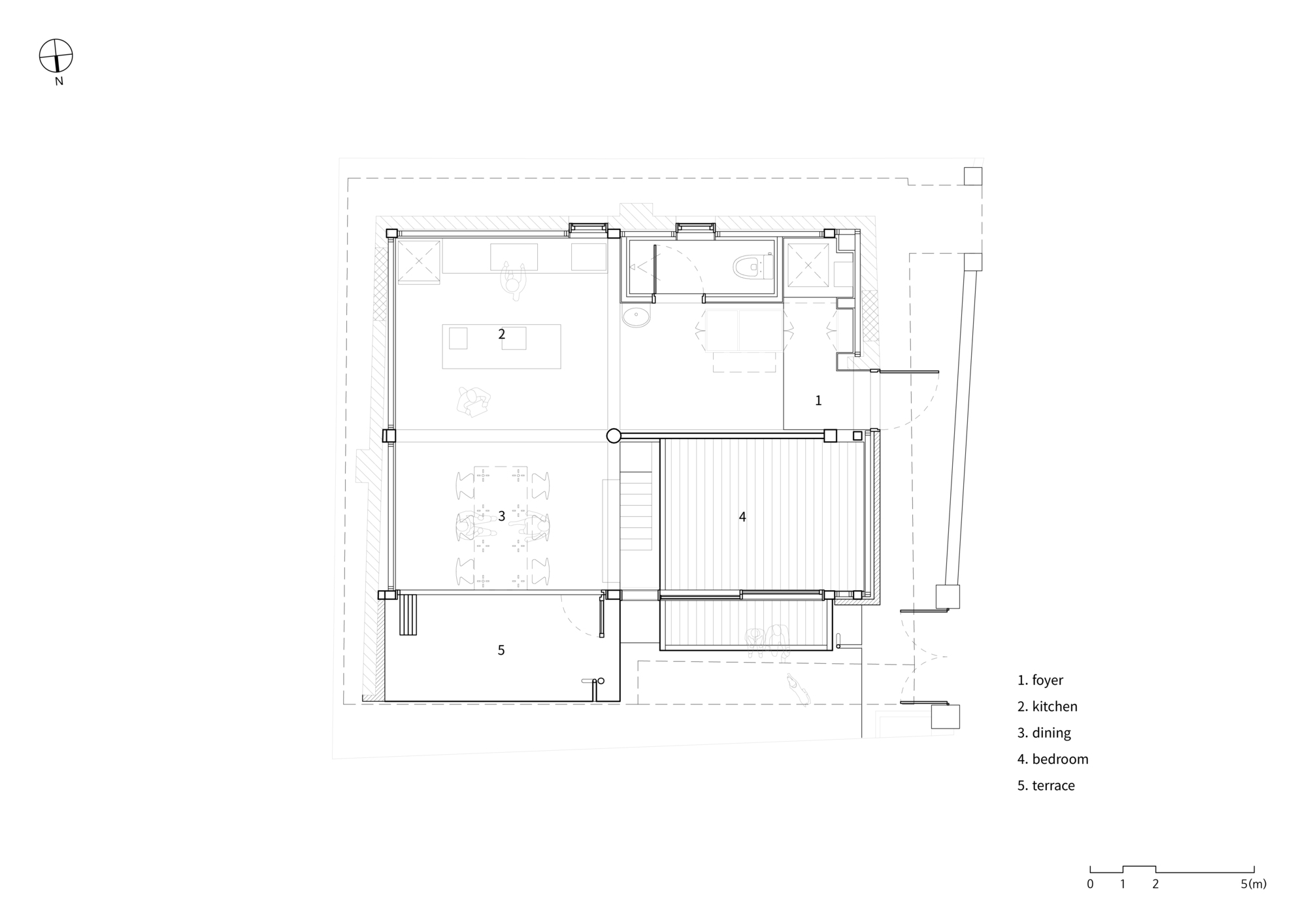 Floor plan drawing showing kitchen, dining, bedroom and terrace arranged around a central stair