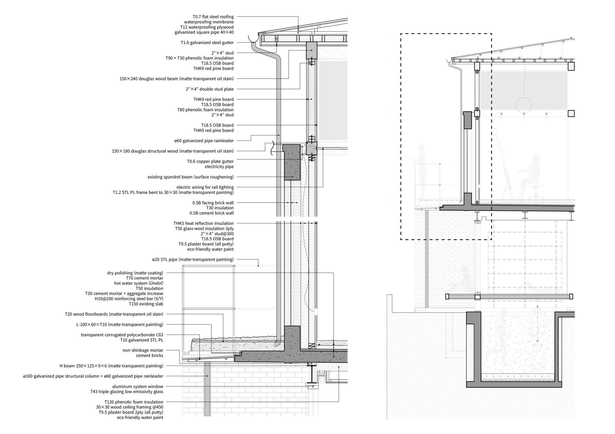 Technical section drawing showing layered wall assembly with annotated material specifications and structural components