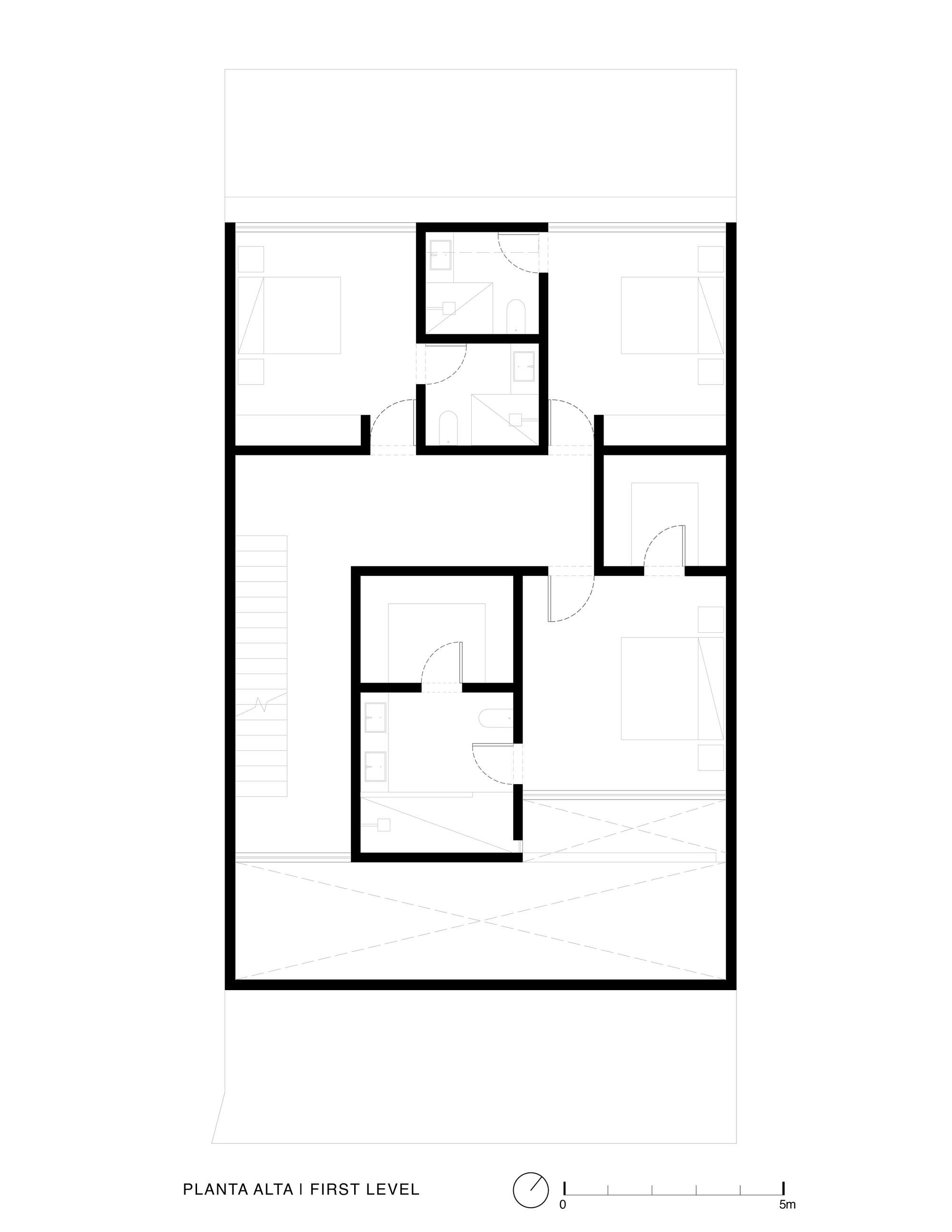 First level floor plan showing four bedrooms arranged around a central bathroom and stair
