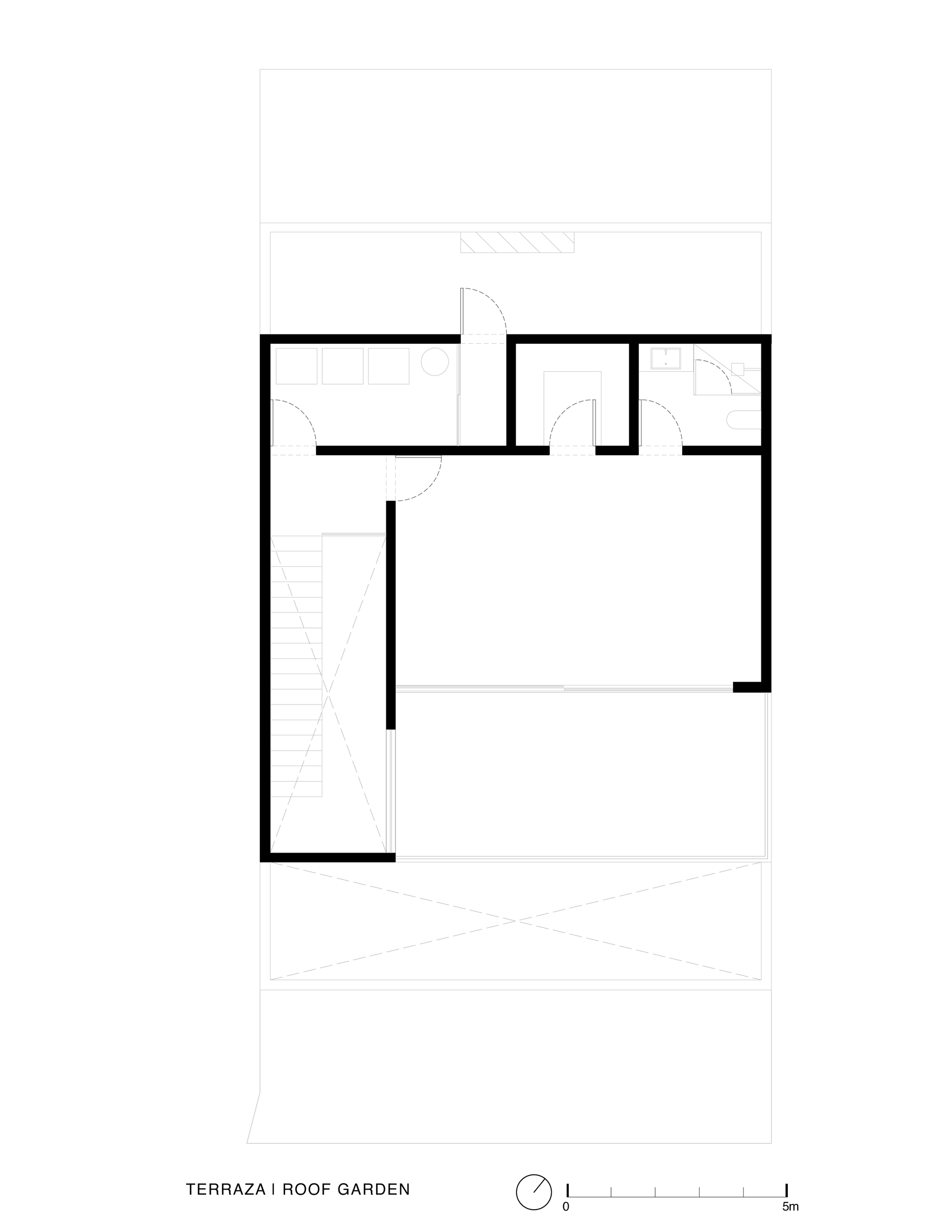 Roof garden level floor plan with open terrace and enclosed service spaces