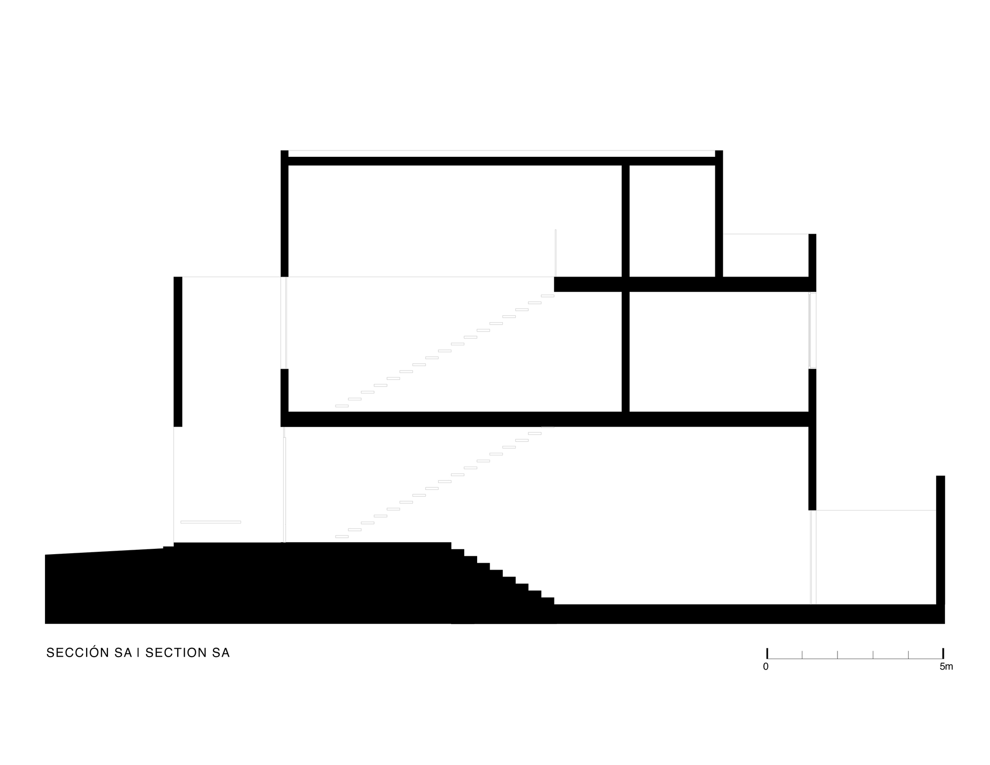 Section drawing showing three split levels connected by stairs descending along sloped terrain