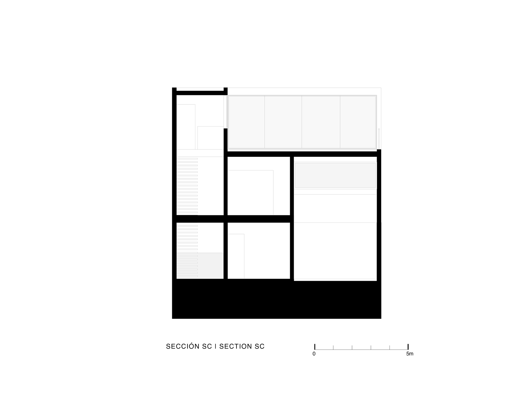 Section drawing showing two-story volume with central stair and offset room arrangement