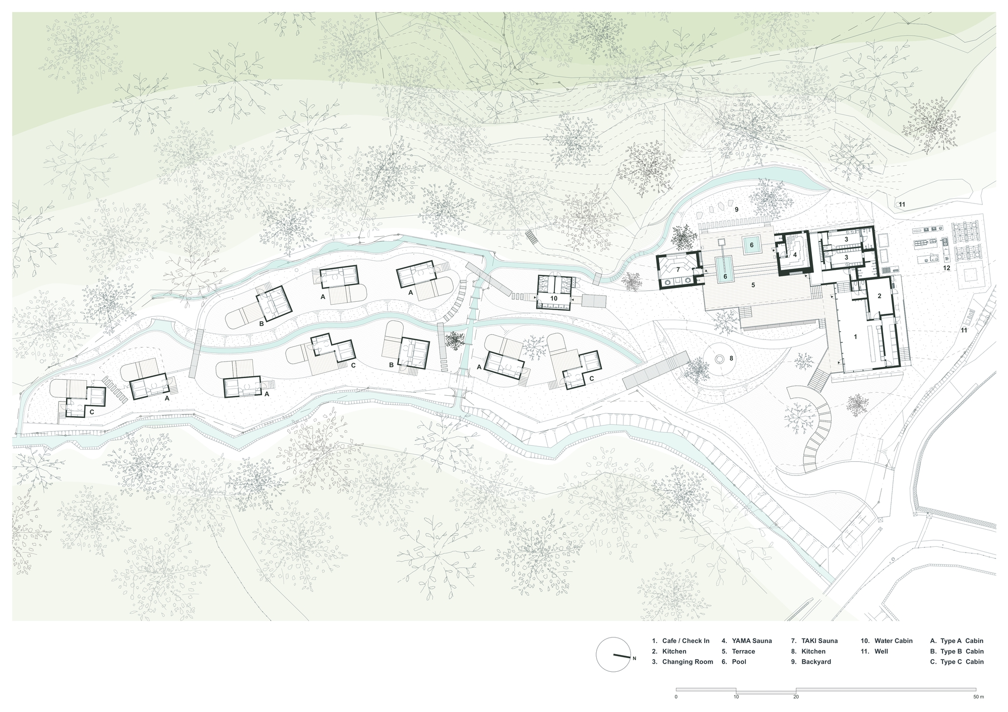 Site plan drawing showing scattered cabin footprints along a winding stream and terraced contours